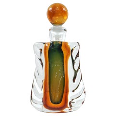 1950s Venini Vintage Italian Crystal Green Orange Layered Murano Glass Bottle