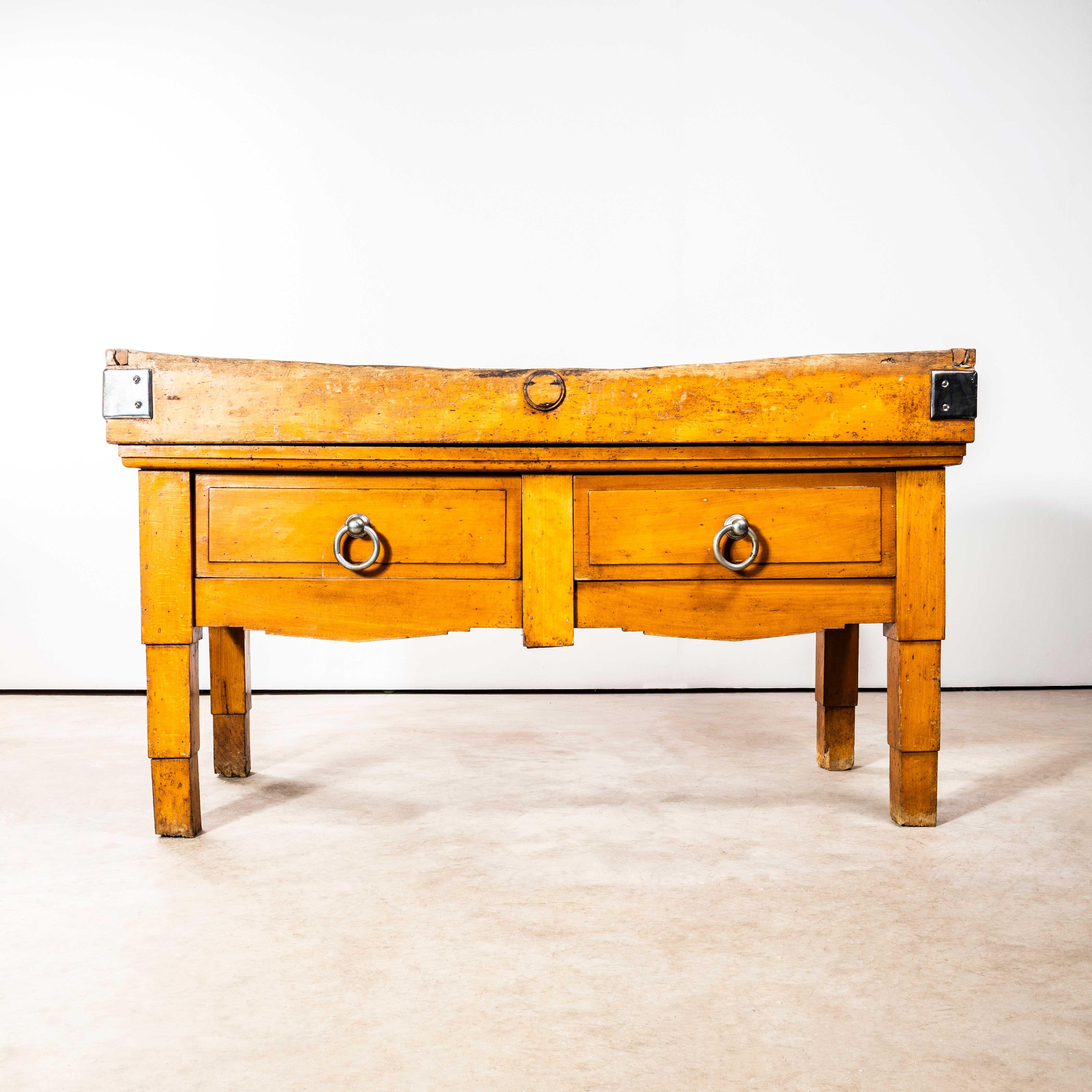 1950’s Very Large Belgian Butchers Workstation – Butchers Block. 
Very large substantial butchers workstation sourced in Belgium. Made in solid beech throughout with a superb end grain butchers block complete with two drawers with the original heavy