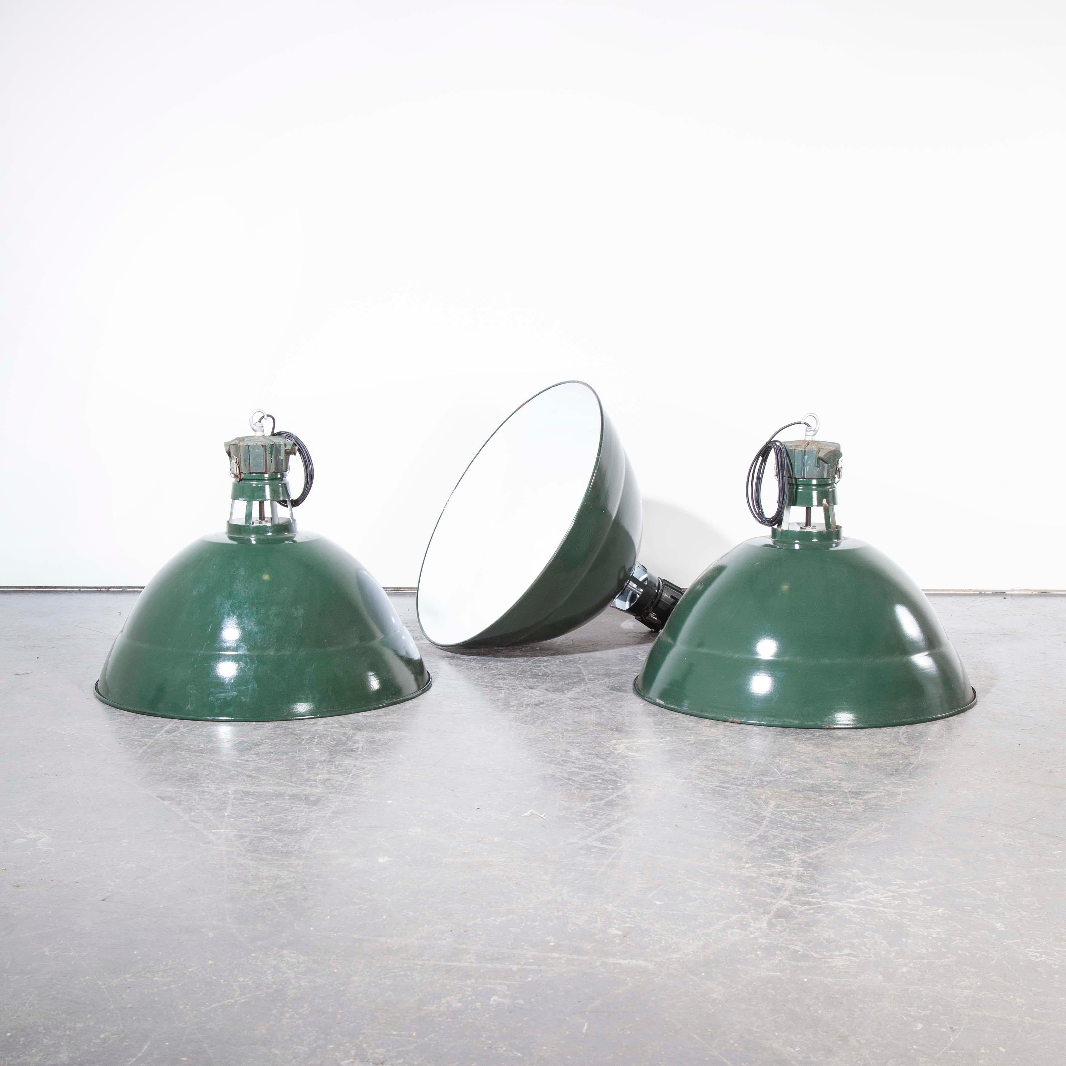 Metal 1950s Industrial Green French Enamel Ceiling Pendant Lamps/Light - Various Qty For Sale