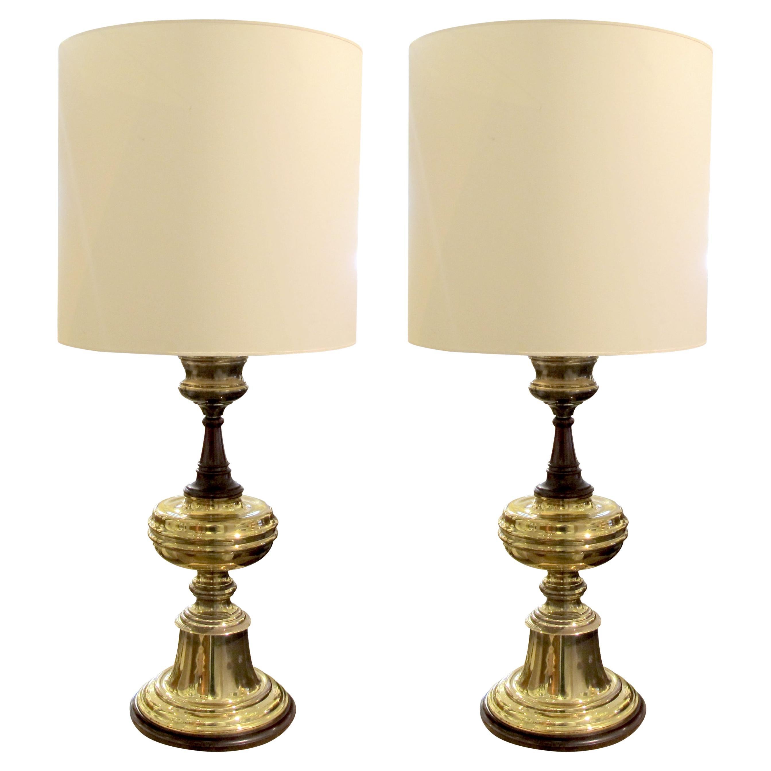 1950s Very Large Pair of Brass and Wood Tables lamps, English