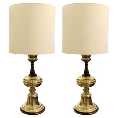 1950s Very Large Pair of Brass and Wood Tables lamps, English