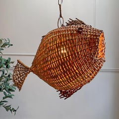 1950s Very Rare Large French Wicker Fish Pendant Light