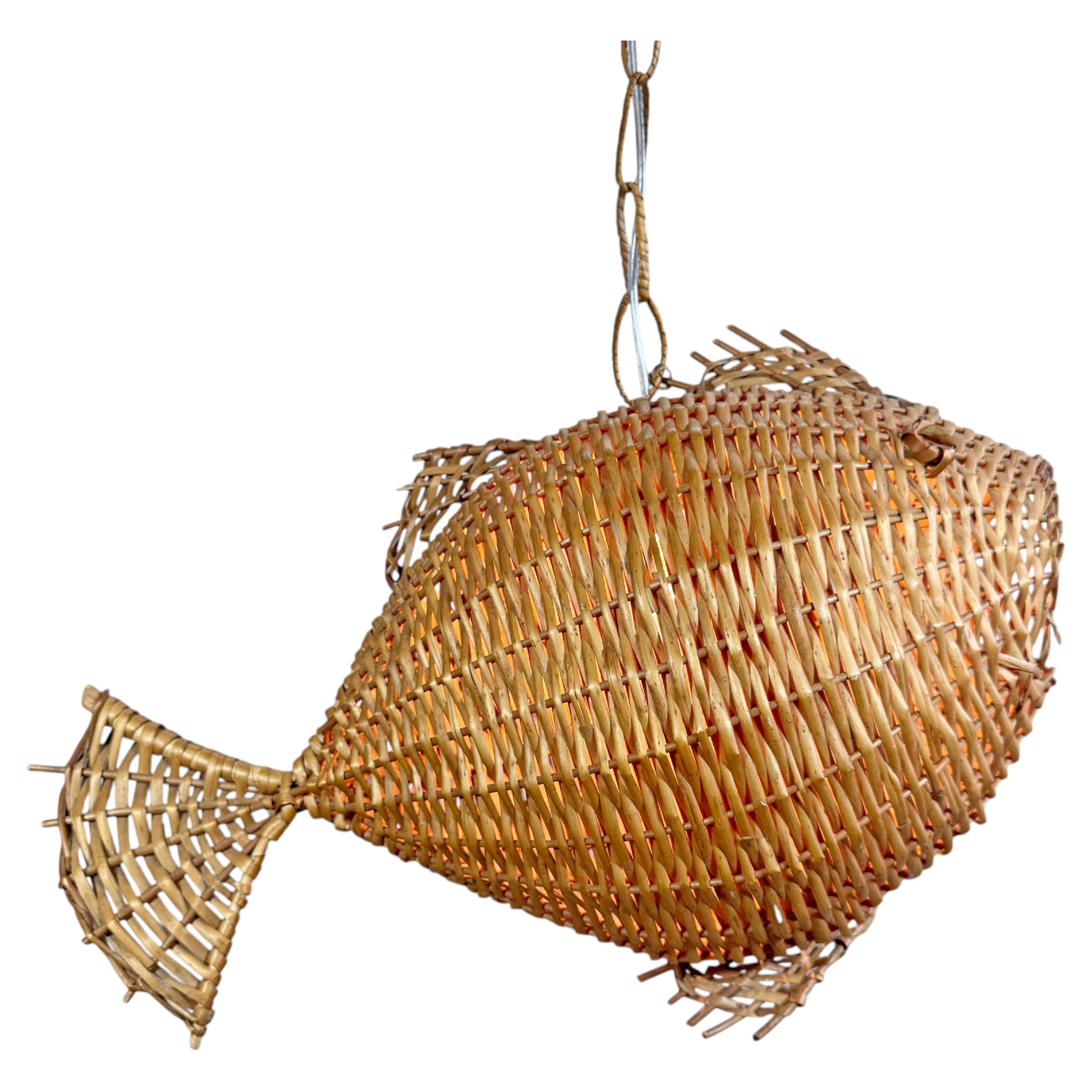 1950s Very Rare Large French Wicker Fish Pendant Light