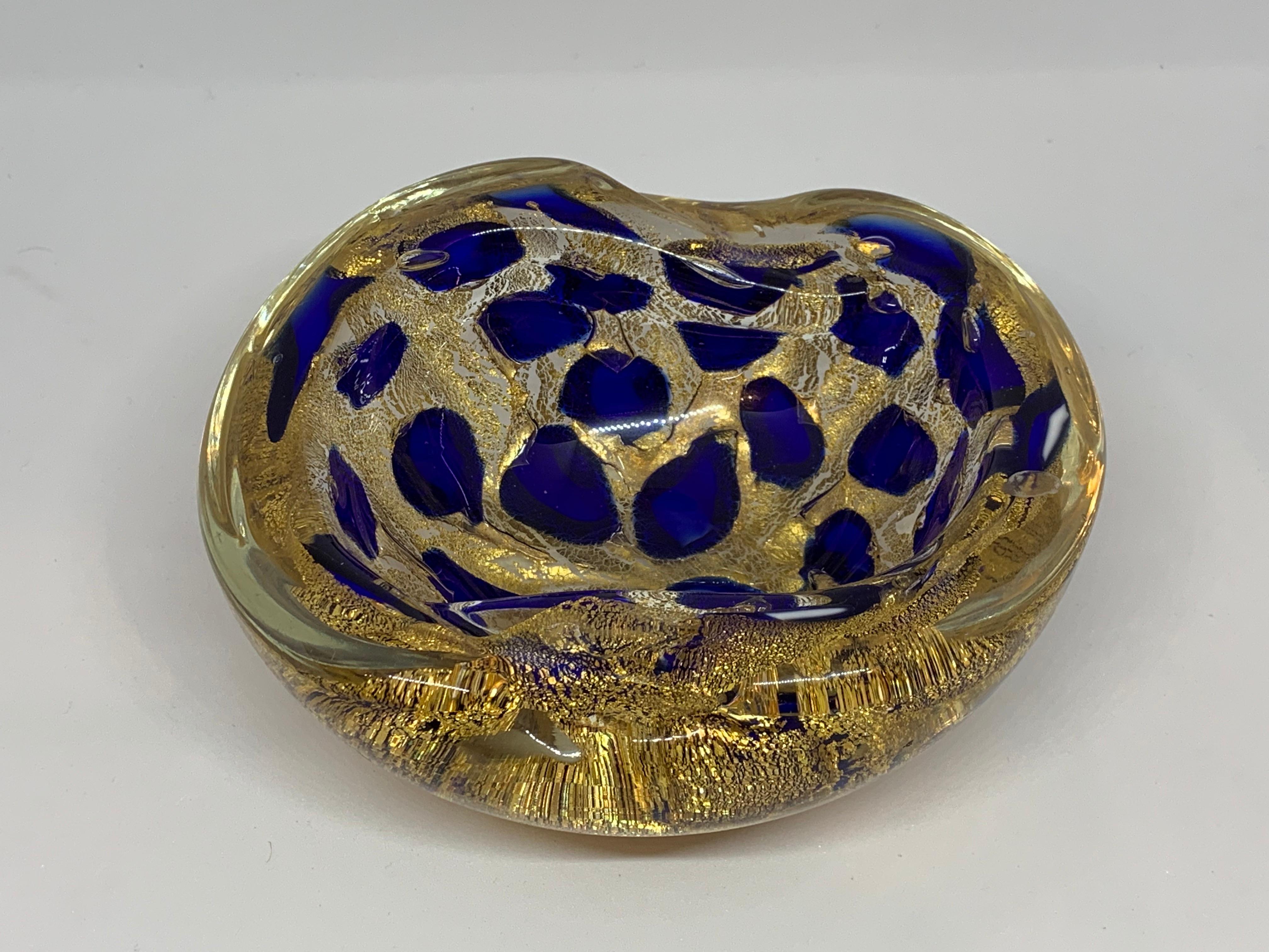 Mid-Century Modern 1950s Vibrant Cobalt Blue and Gold Murano Ashtray Bowl by Barovier and Toso