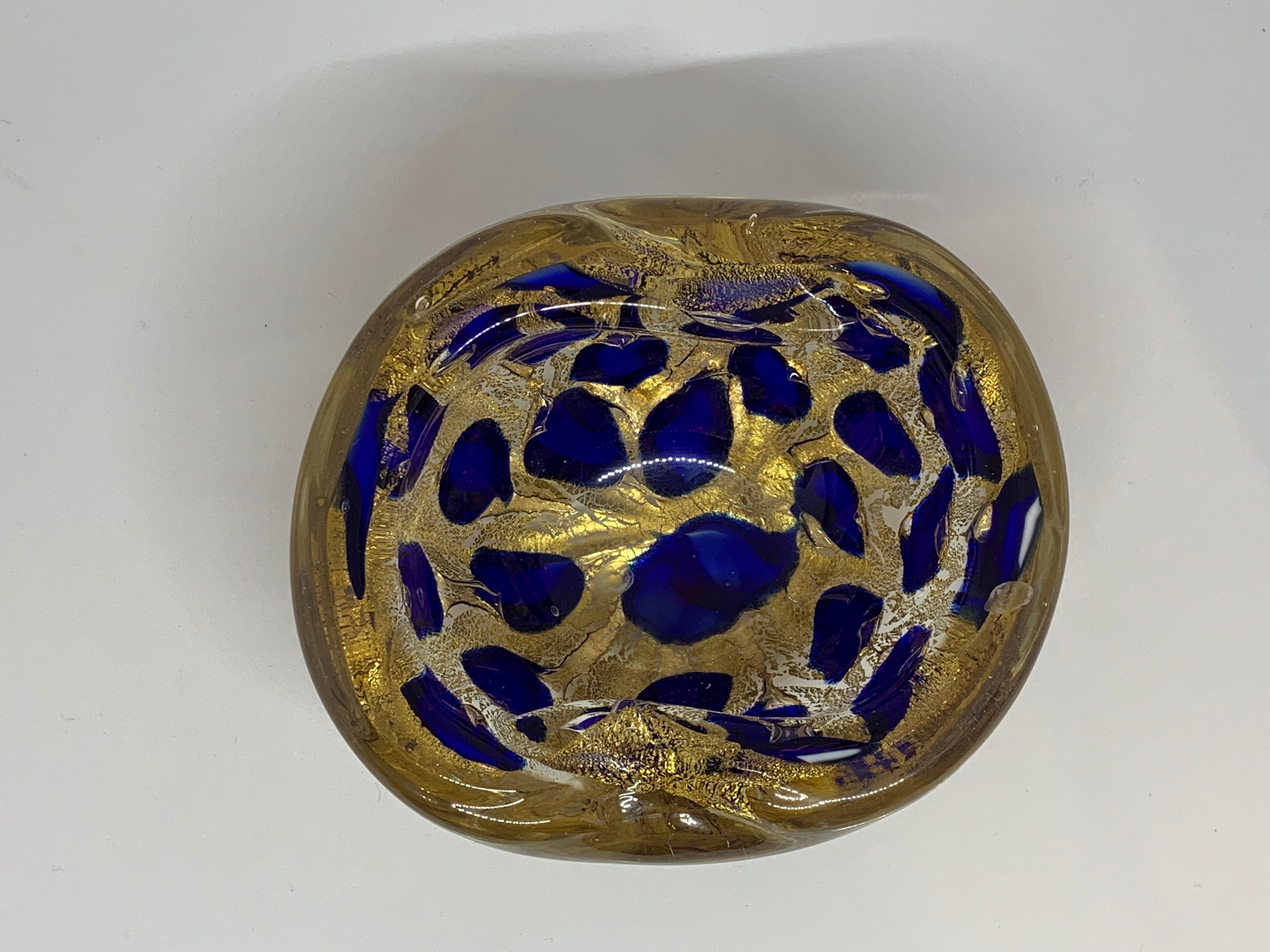 Italian 1950s Vibrant Cobalt Blue and Gold Murano Ashtray Bowl by Barovier and Toso