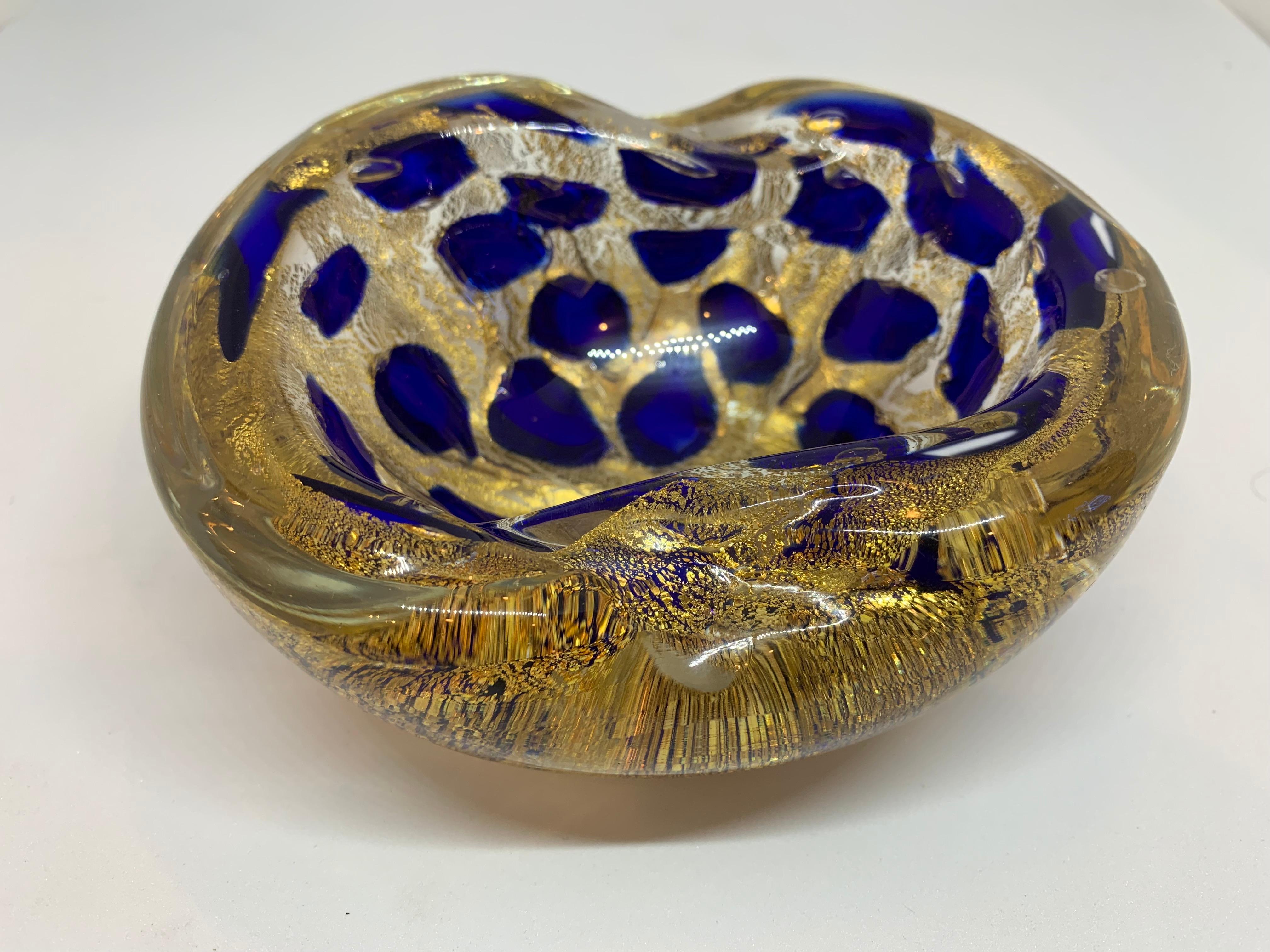 Murano Glass 1950s Vibrant Cobalt Blue and Gold Murano Ashtray Bowl by Barovier and Toso