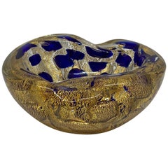 Vintage 1950s Vibrant Cobalt Blue and Gold Murano Ashtray Bowl by Barovier and Toso