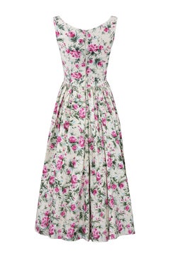 1950s Victor Josselyn Cream and Pink Floral Rose Print Cotton Dress