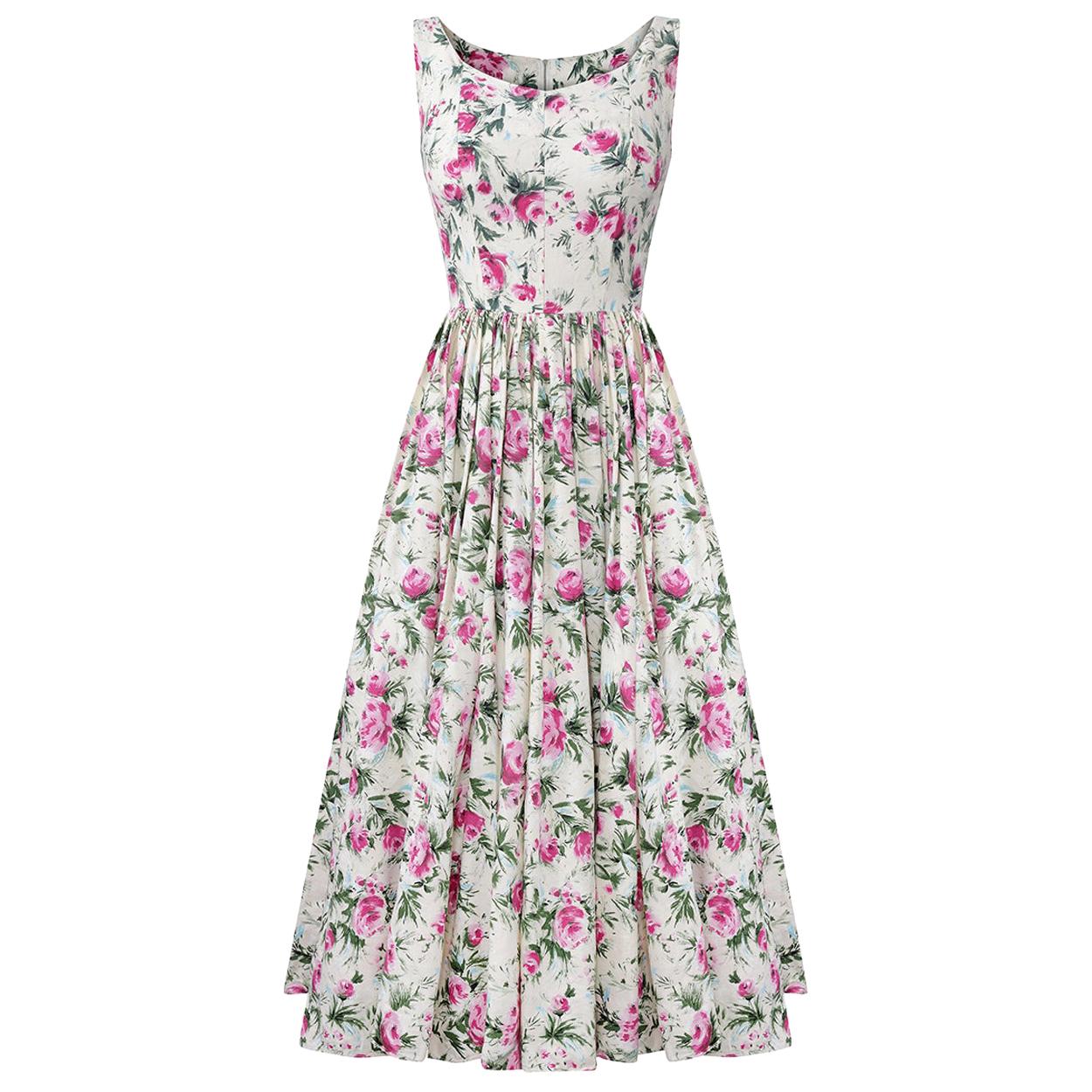 1950s Victor Josselyn Cream and Pink Floral Rose Print Cotton Dress 