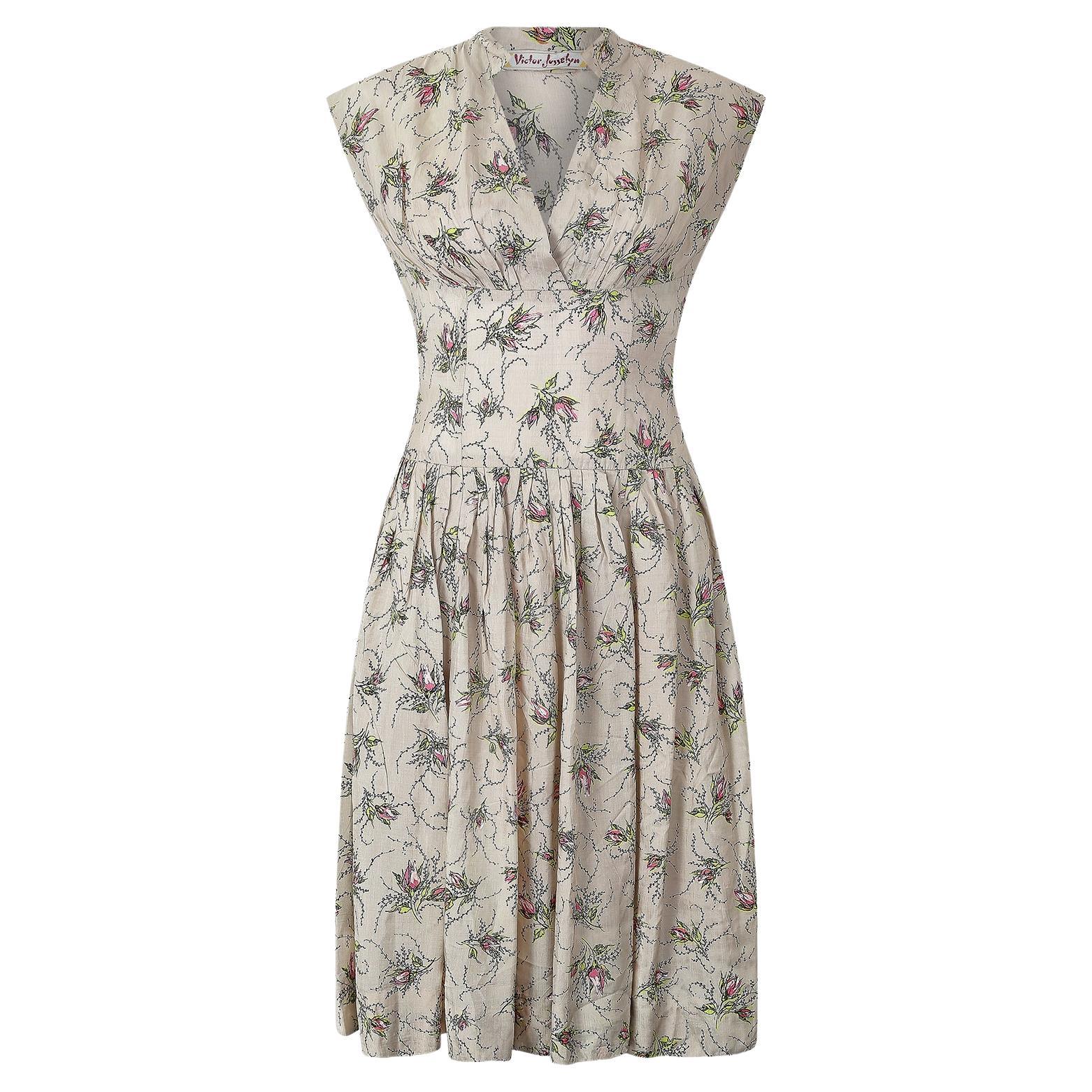 1950s Victor Josselyn Silk Floral Rose Spray Print Dress For Sale