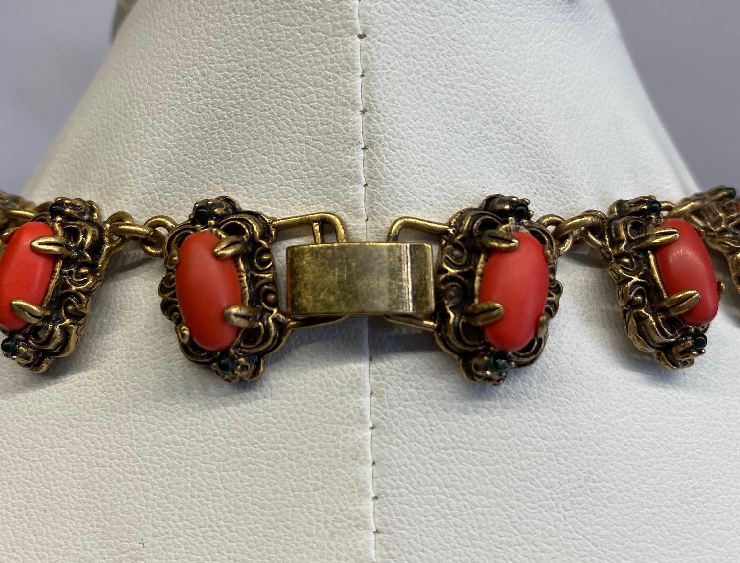 1950s Victorian Revival Necklace with Coral & Green Glass Cabochons  4