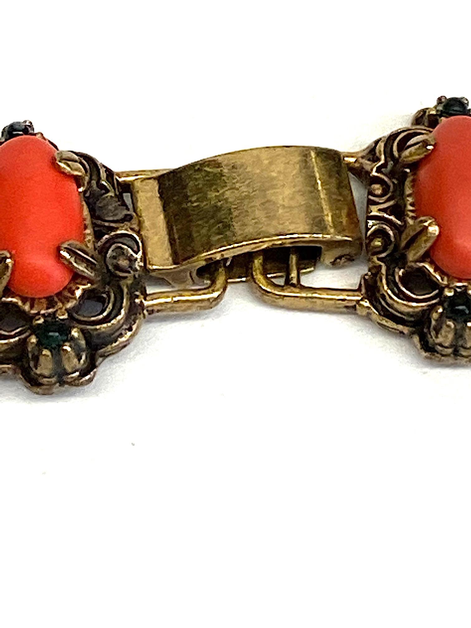 1950s Victorian Revival Necklace with Coral & Green Glass Cabochons  5