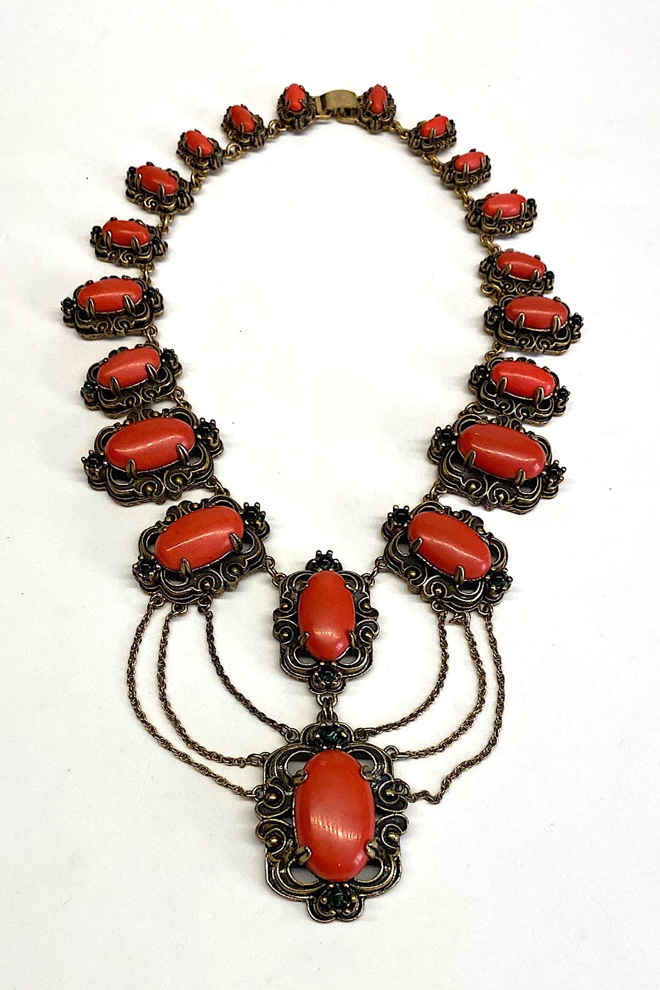 1950s Victorian Revival Necklace with Coral & Green Glass Cabochons  7