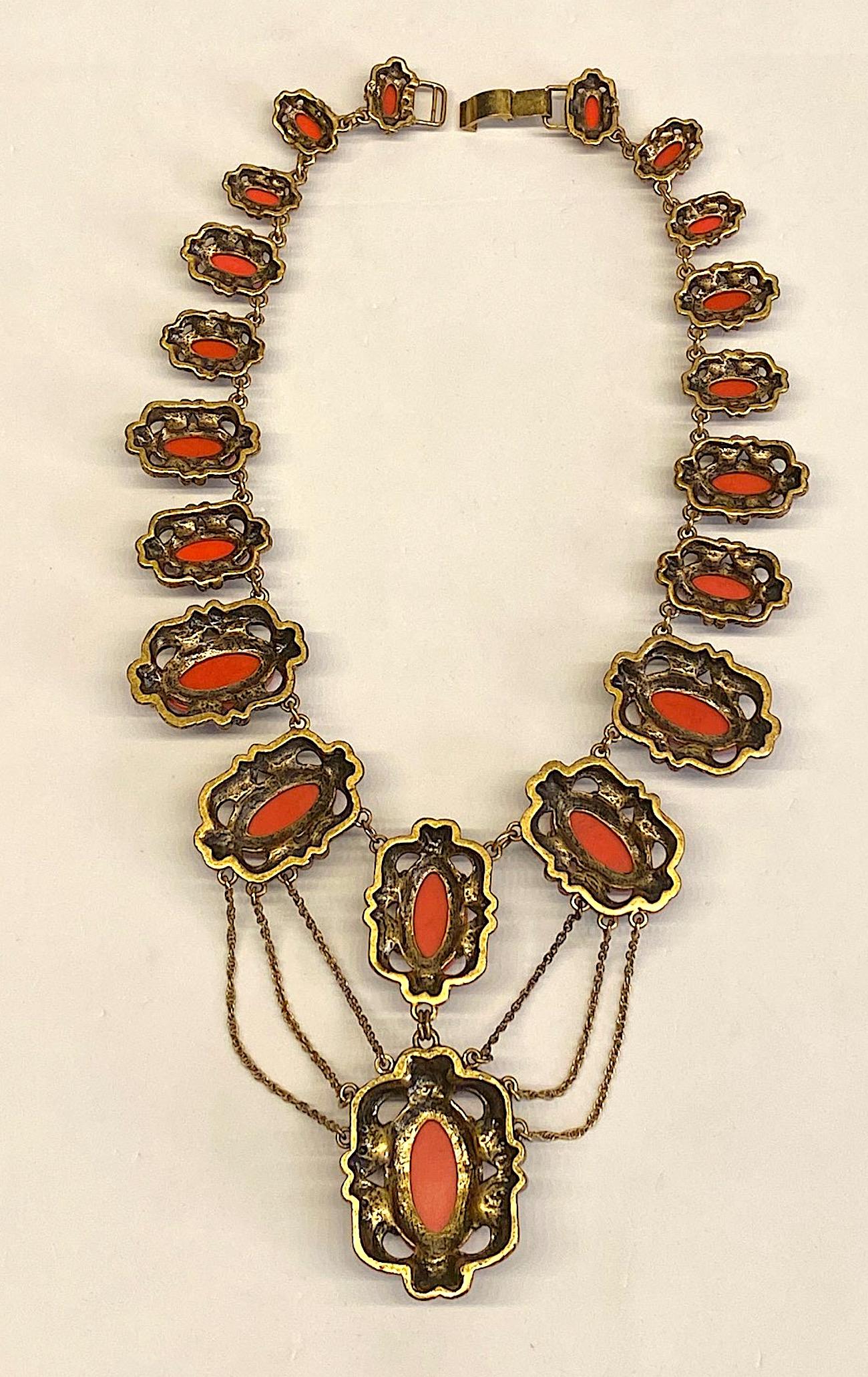 1950s Victorian Revival Necklace with Coral & Green Glass Cabochons  9
