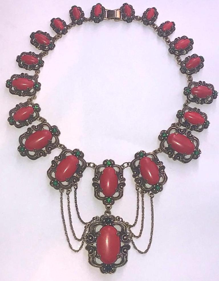 1950s Victorian Revival Necklace with Coral & Green Glass Cabochons  10