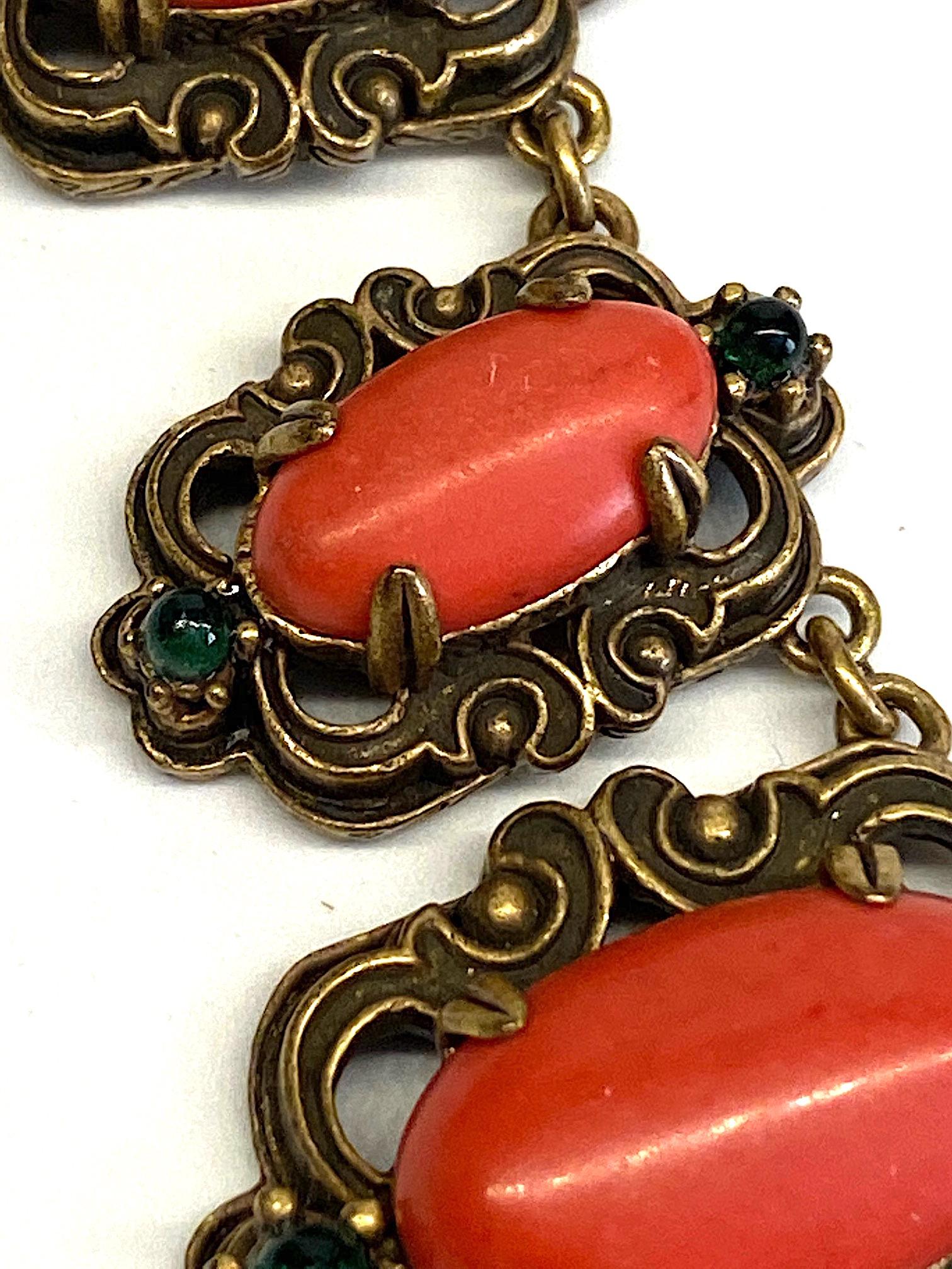 Women's 1950s Victorian Revival Necklace with Coral & Green Glass Cabochons 