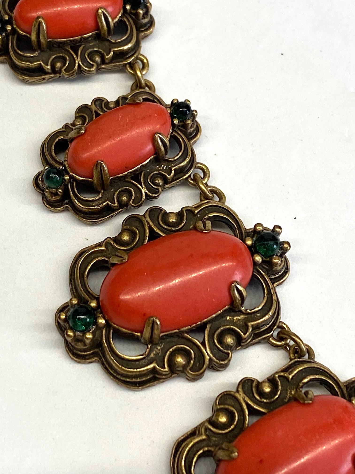 1950s Victorian Revival Necklace with Coral & Green Glass Cabochons  3