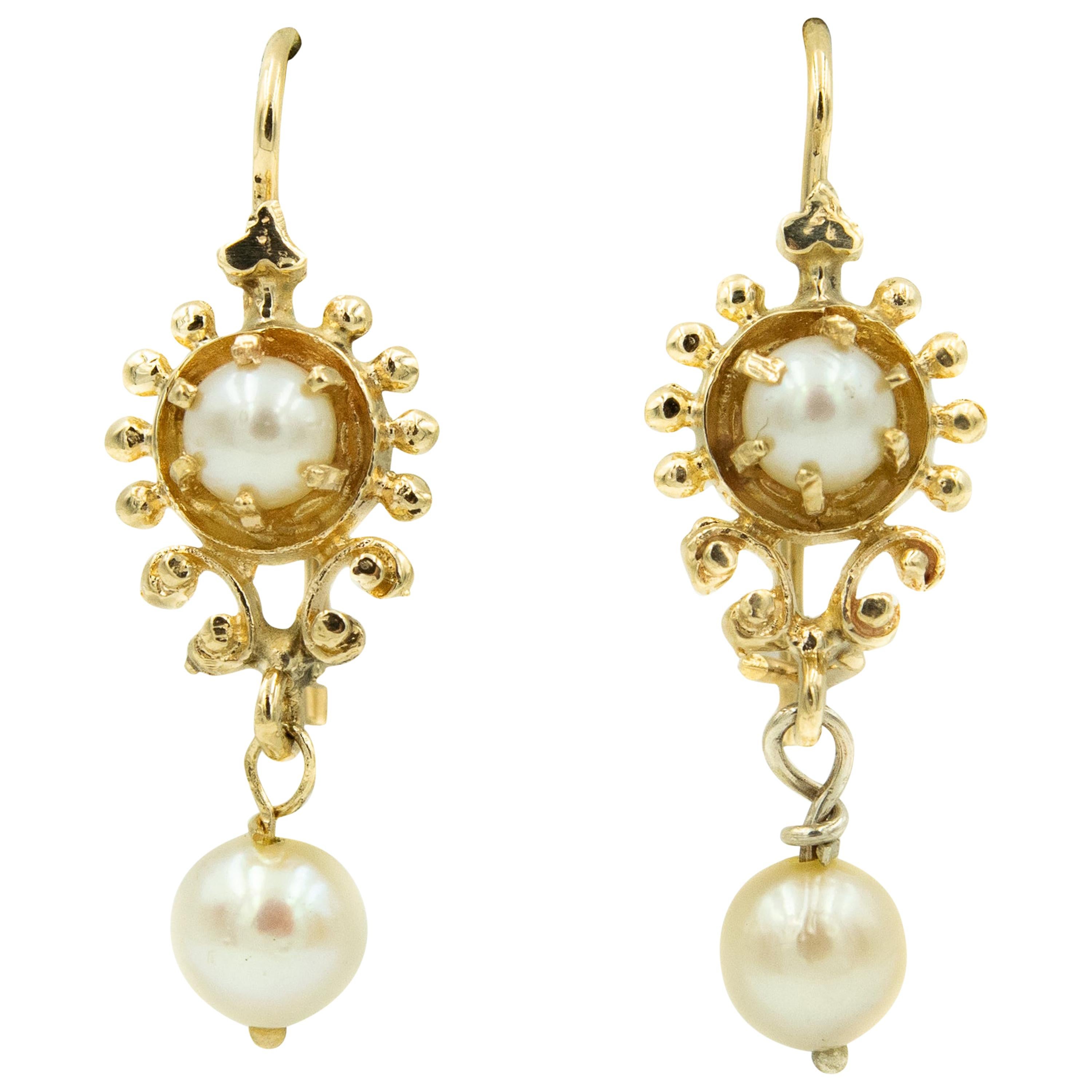 1950s Victorian Revival Pearl Yellow Gold Drop Earrings