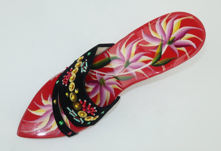 1950's Vietnamese Hand Painted Wooden Mules Shoes For Sale at 1stDibs