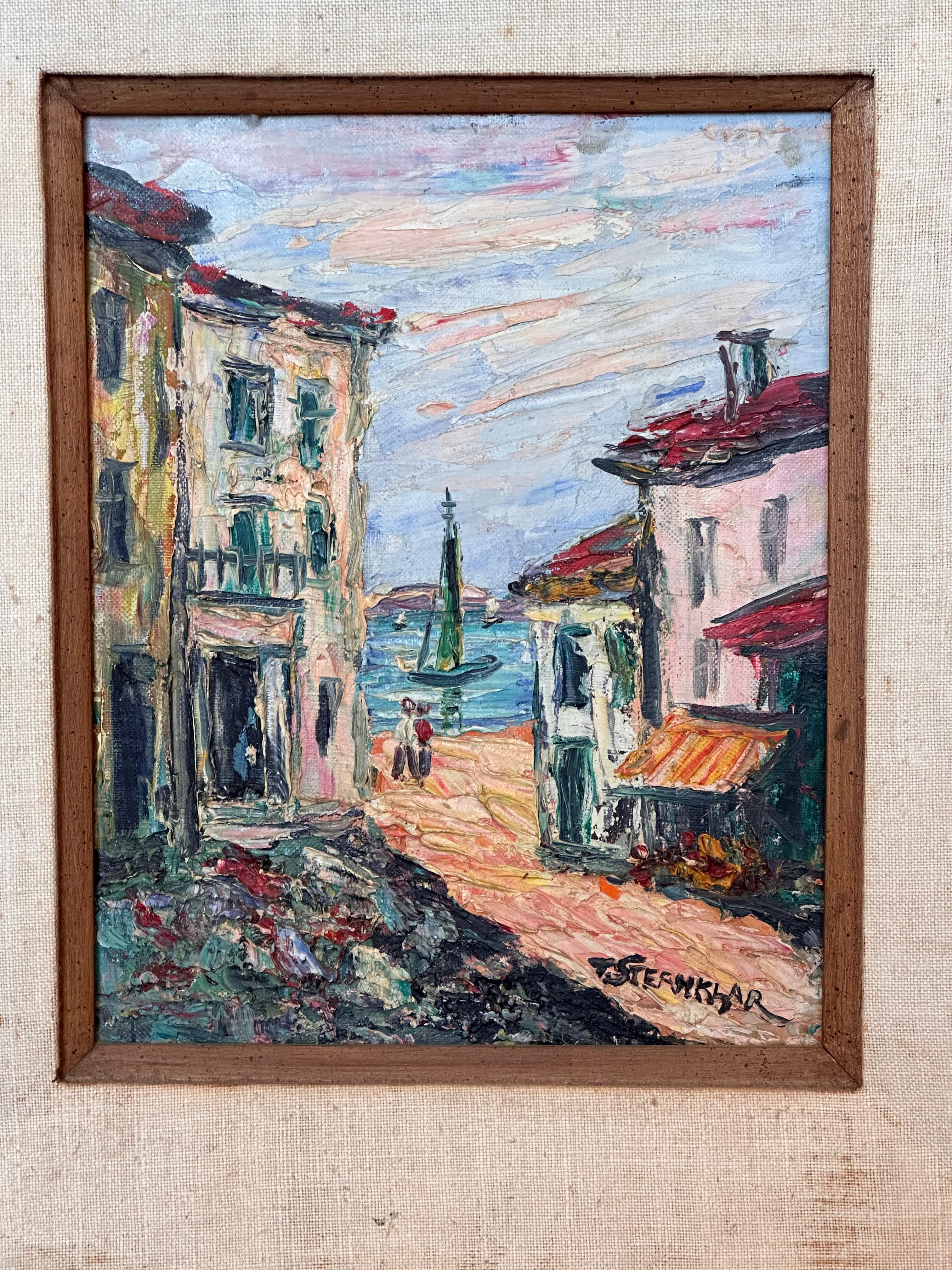 1950s Village Scene Expressionist Style Oil Painting on Board, Framed In Good Condition For Sale In Charlottesville, VA