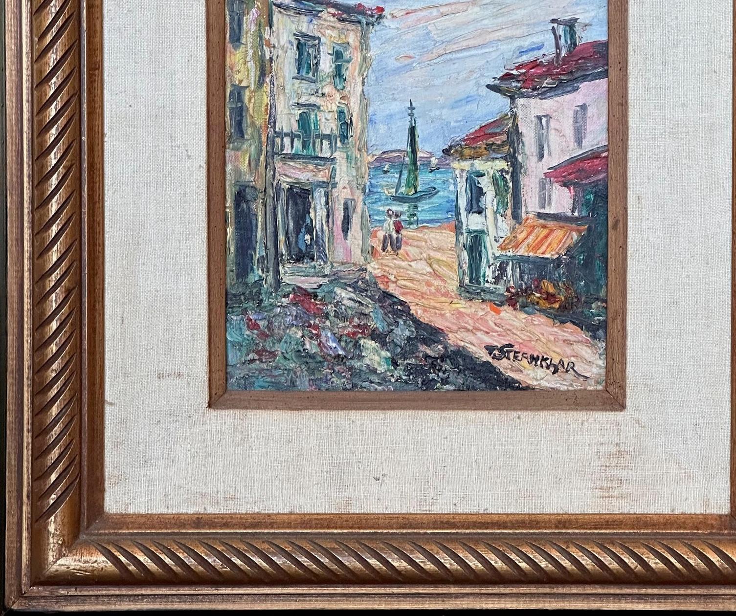 Mid-20th Century 1950s Village Scene Expressionist Style Oil Painting on Board, Framed For Sale