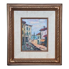 1950s Village Scene Expressionist Style Oil Painting on Board, Framed