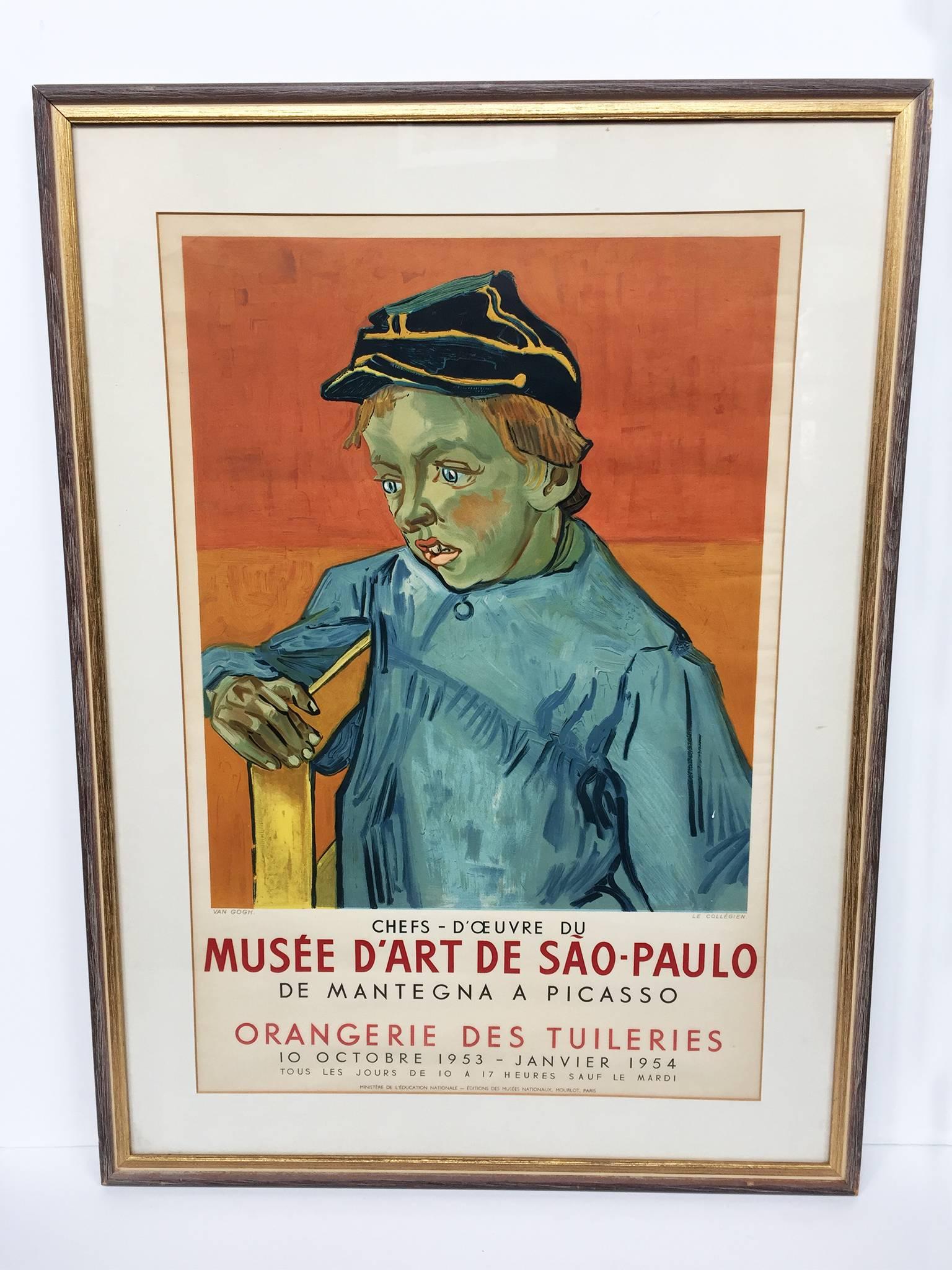 This lithographic print was produced for the Musée de l'Orangerie in Paris for a 1953-1954 exhibition and is presented here with a matte border in a gilt wood frame. The print is of Vincent van Gogh's 1888 oil painting 