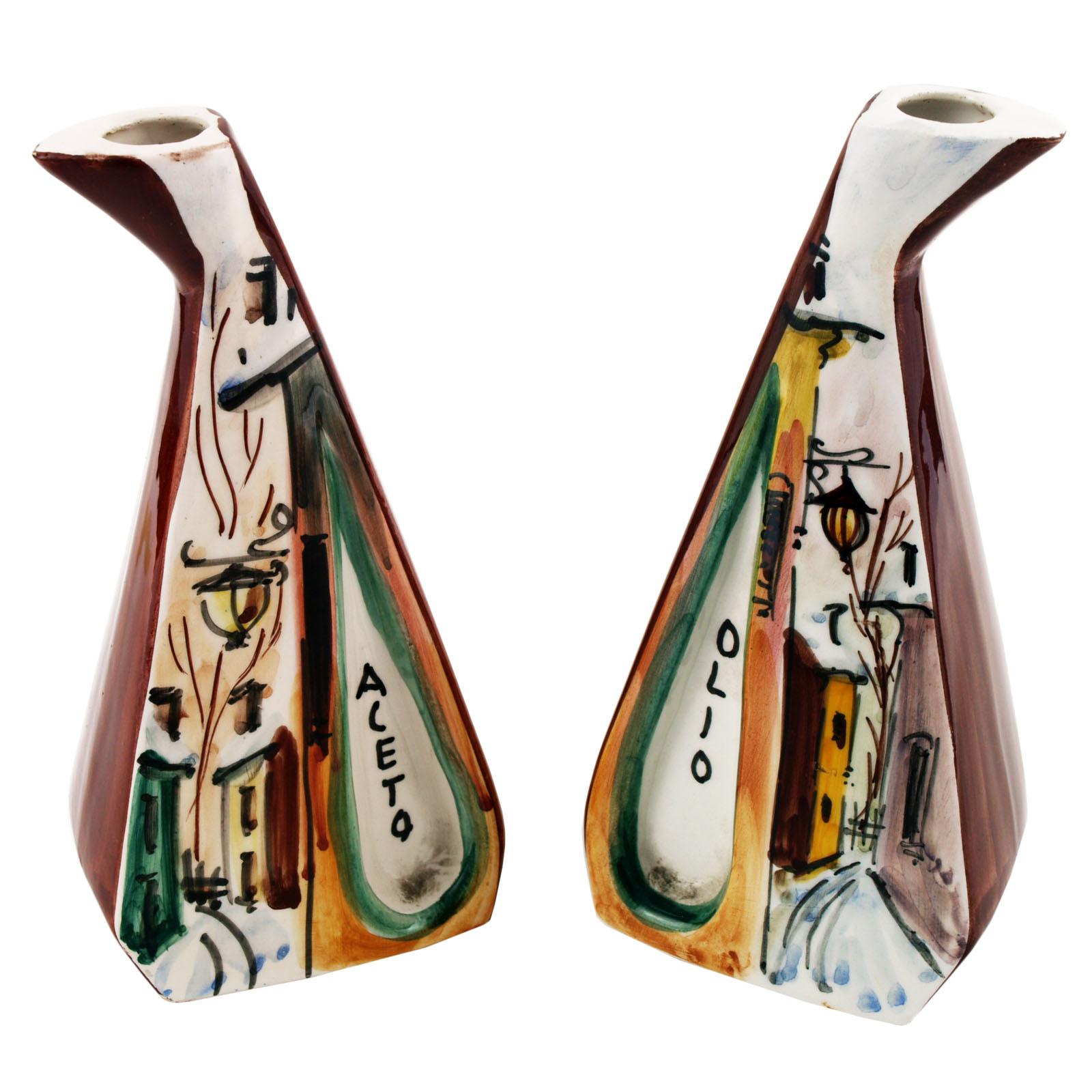 Il Pino Barletta , 1950s Vinegar and Oil Set Container, Hand-Decorated Ceramic For Sale