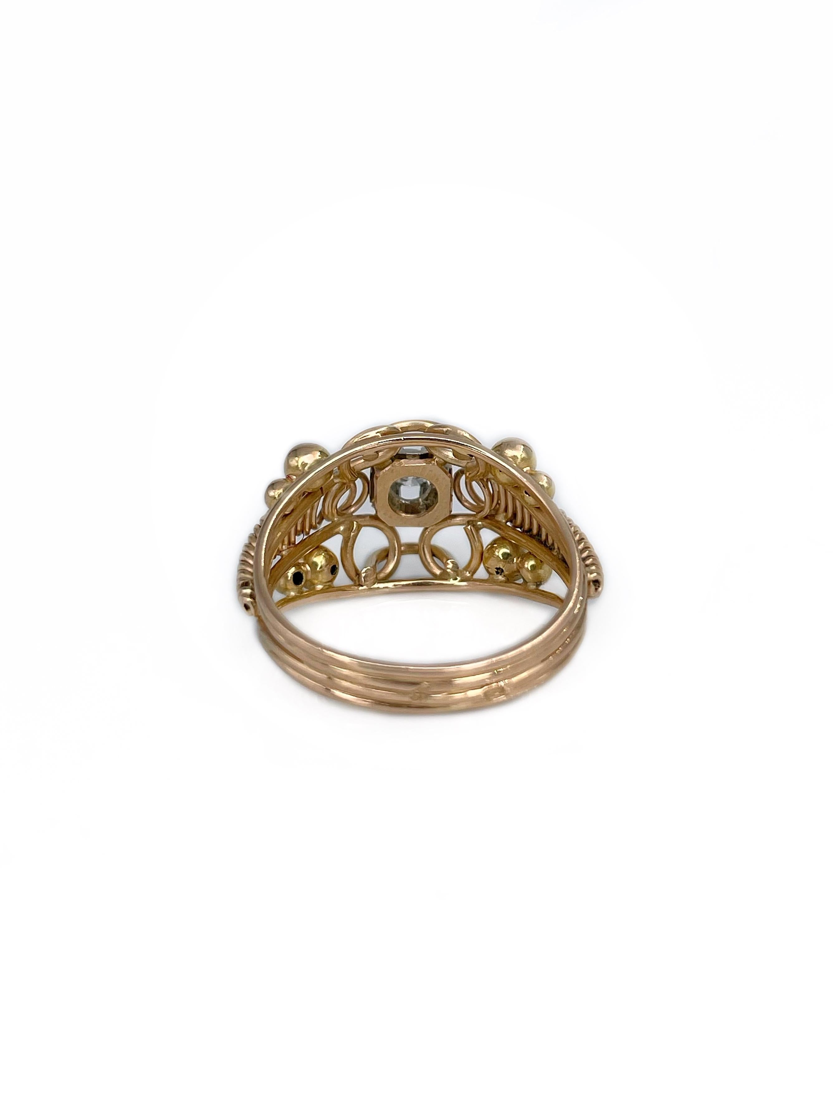 1950er Jahre Vintage durchbrochener Cocktailring aus 18 Karat Gelbgold mit 0,09 Karat Diamanten Damen