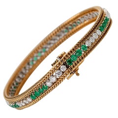 1950s Vintage 2 Carat Diamond and 2 Carat Emerald Bracelet, 18 Karat Gold