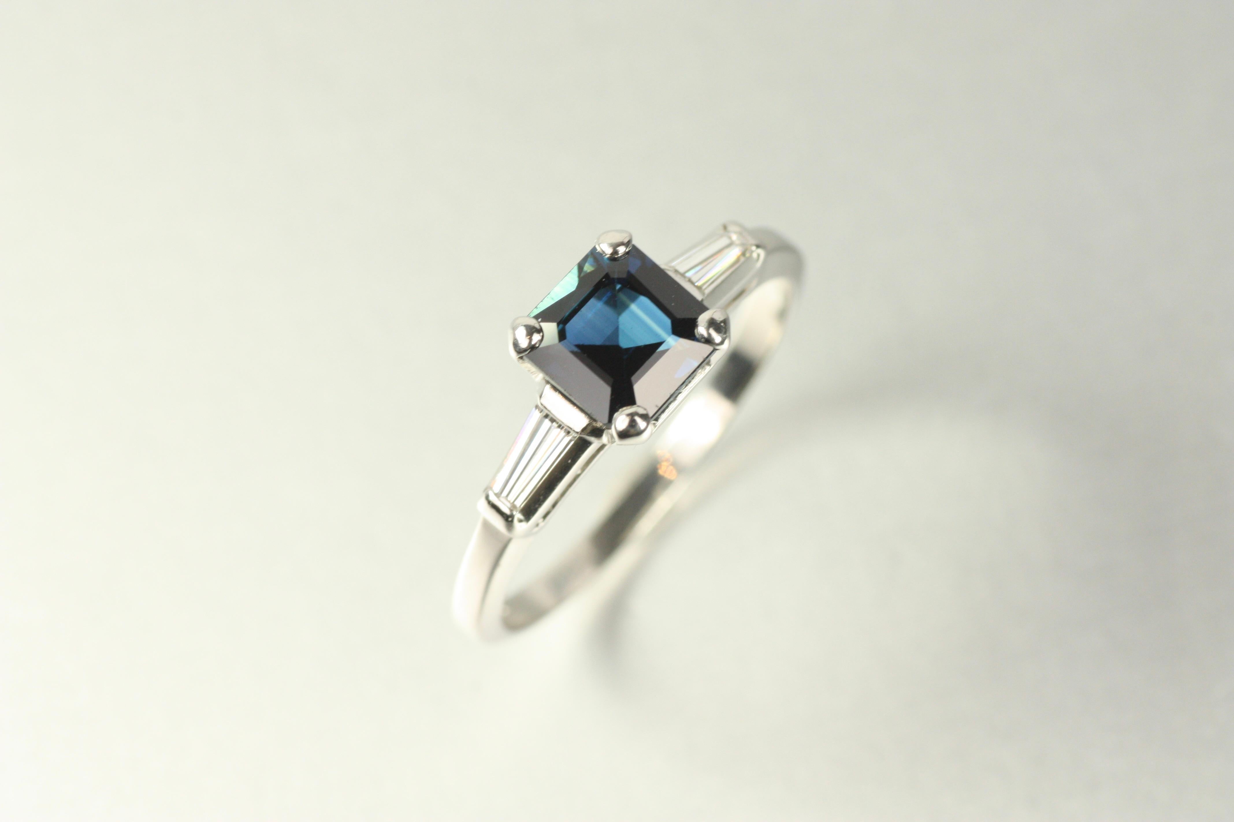 Square Cut 1950s Vintage 3-Stone Square Sapphire & Tapered Baguette Diamond Engagement Ring For Sale
