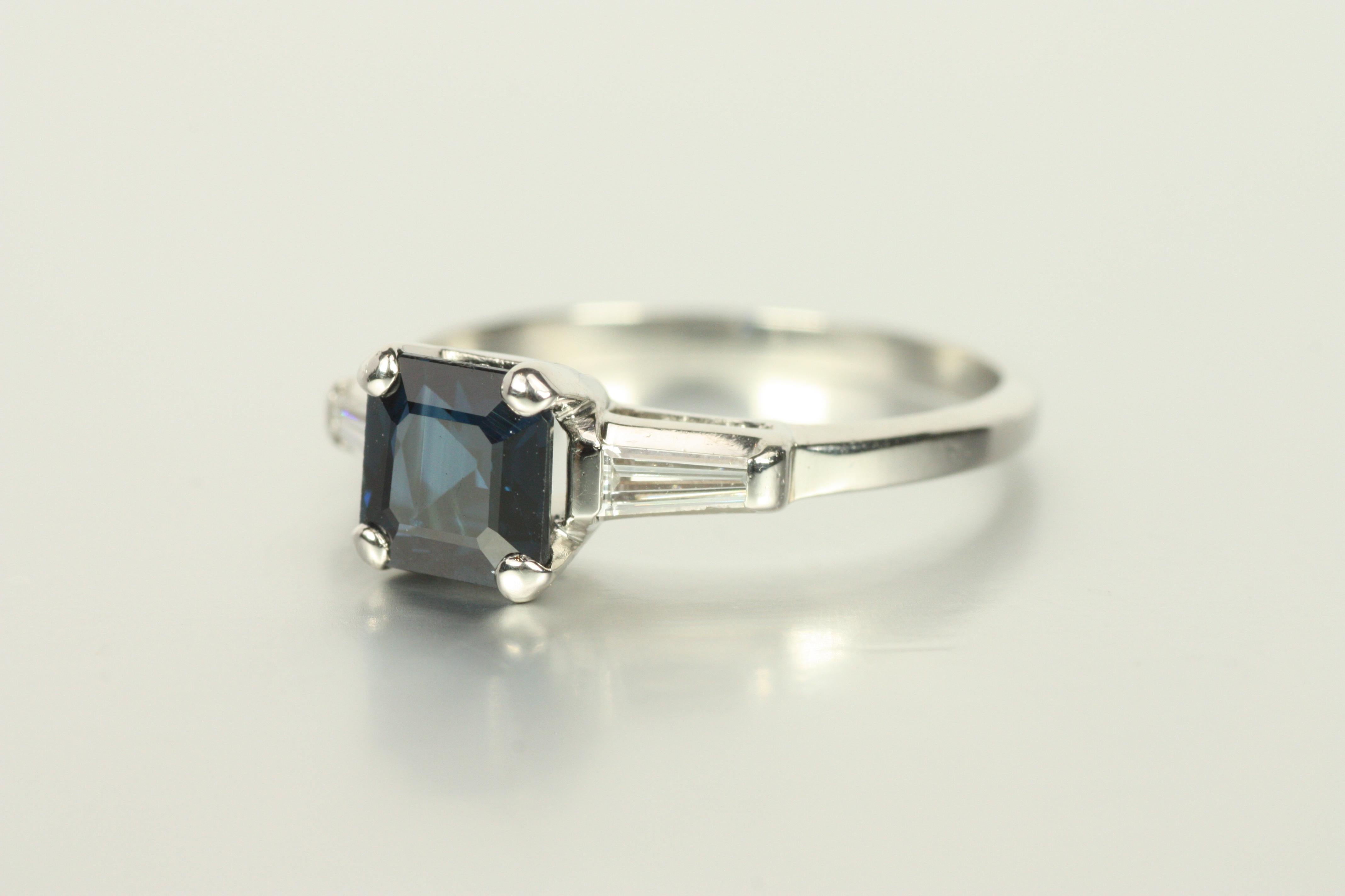 Women's 1950s Vintage 3-Stone Square Sapphire & Tapered Baguette Diamond Engagement Ring For Sale
