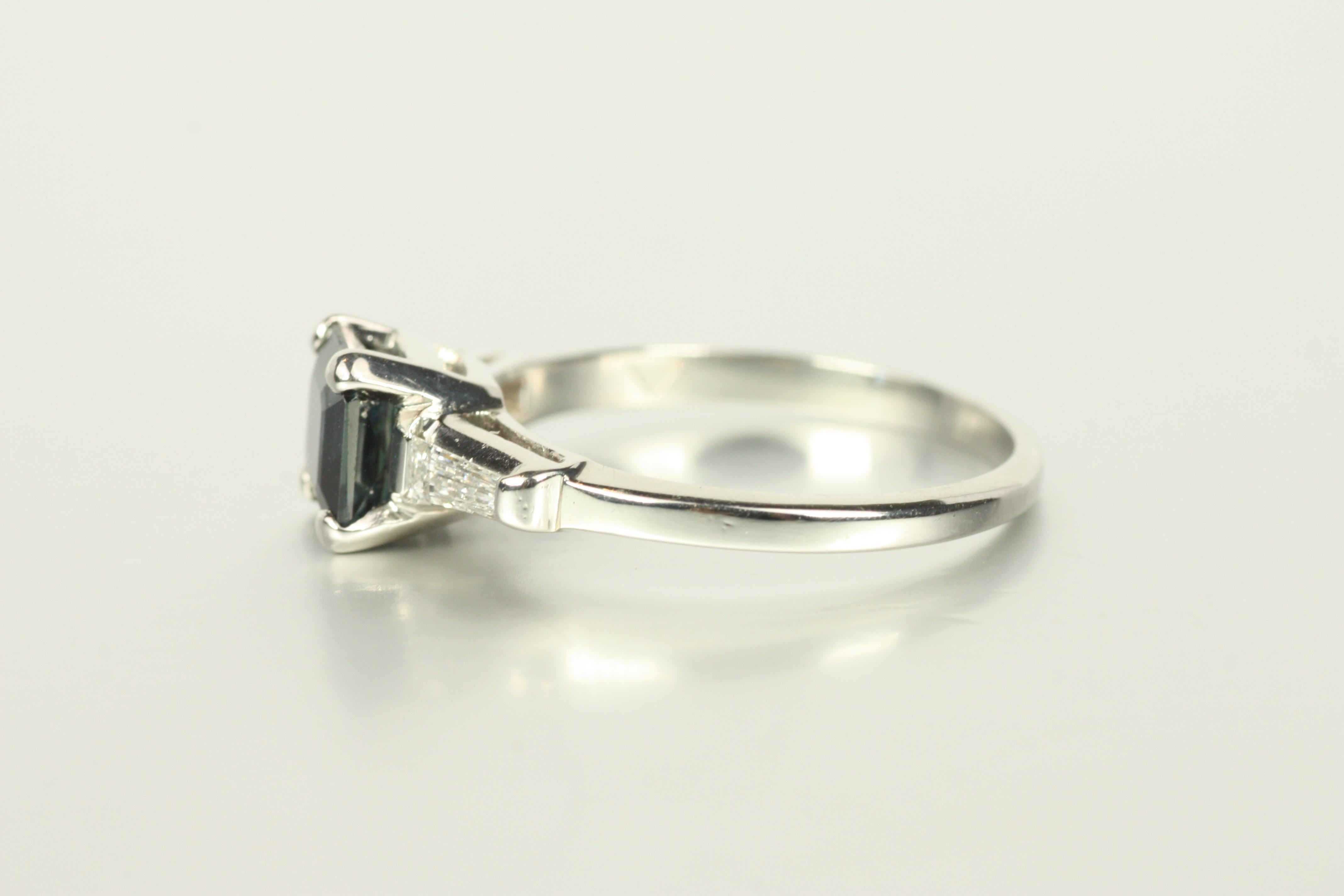 1950s Vintage 3-Stone Square Sapphire & Tapered Baguette Diamond Engagement Ring For Sale 1