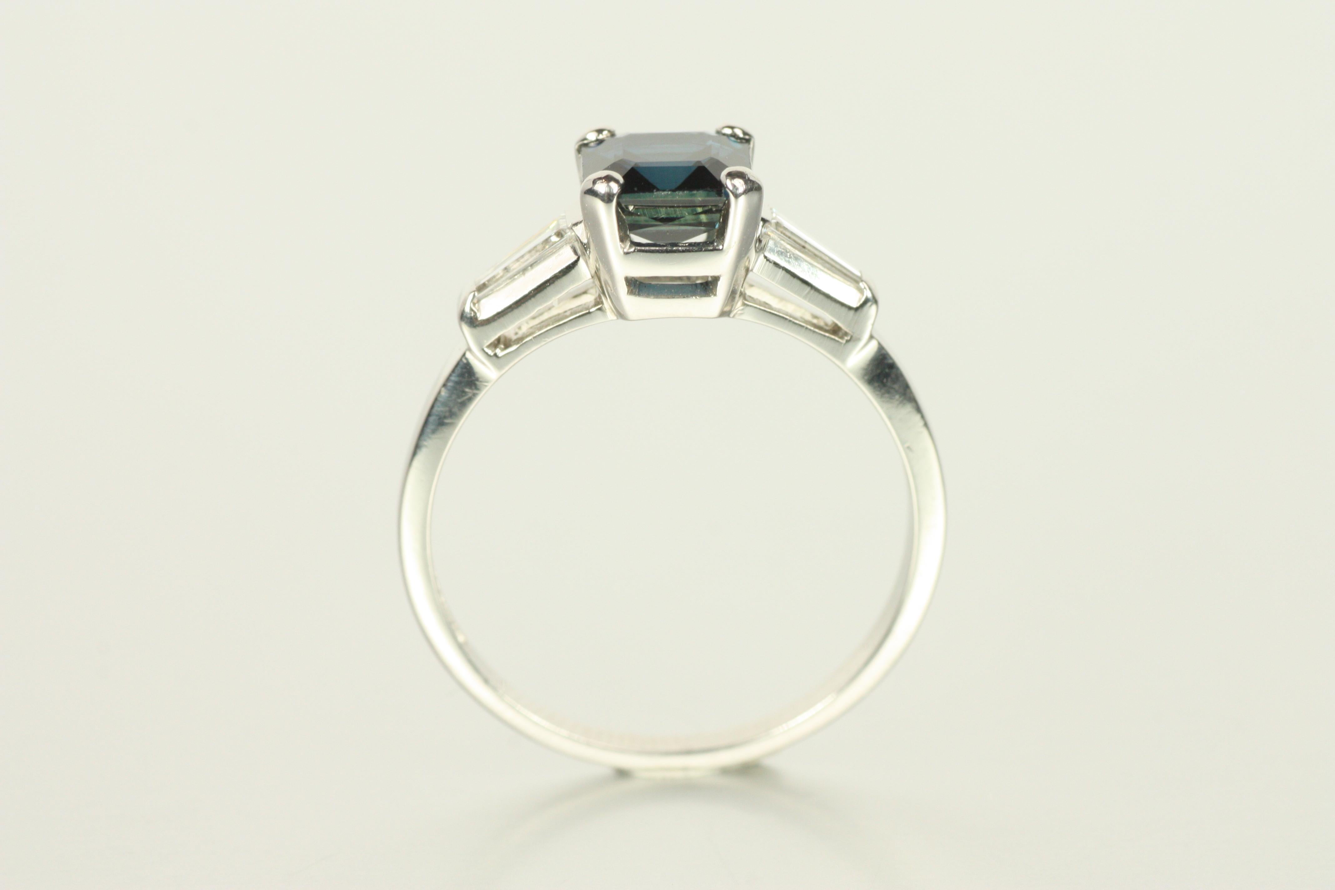 1950s Vintage 3-Stone Square Sapphire & Tapered Baguette Diamond Engagement Ring For Sale 2