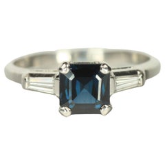1950s Vintage 3-Stone Square Sapphire & Tapered Baguette Diamond Engagement Ring