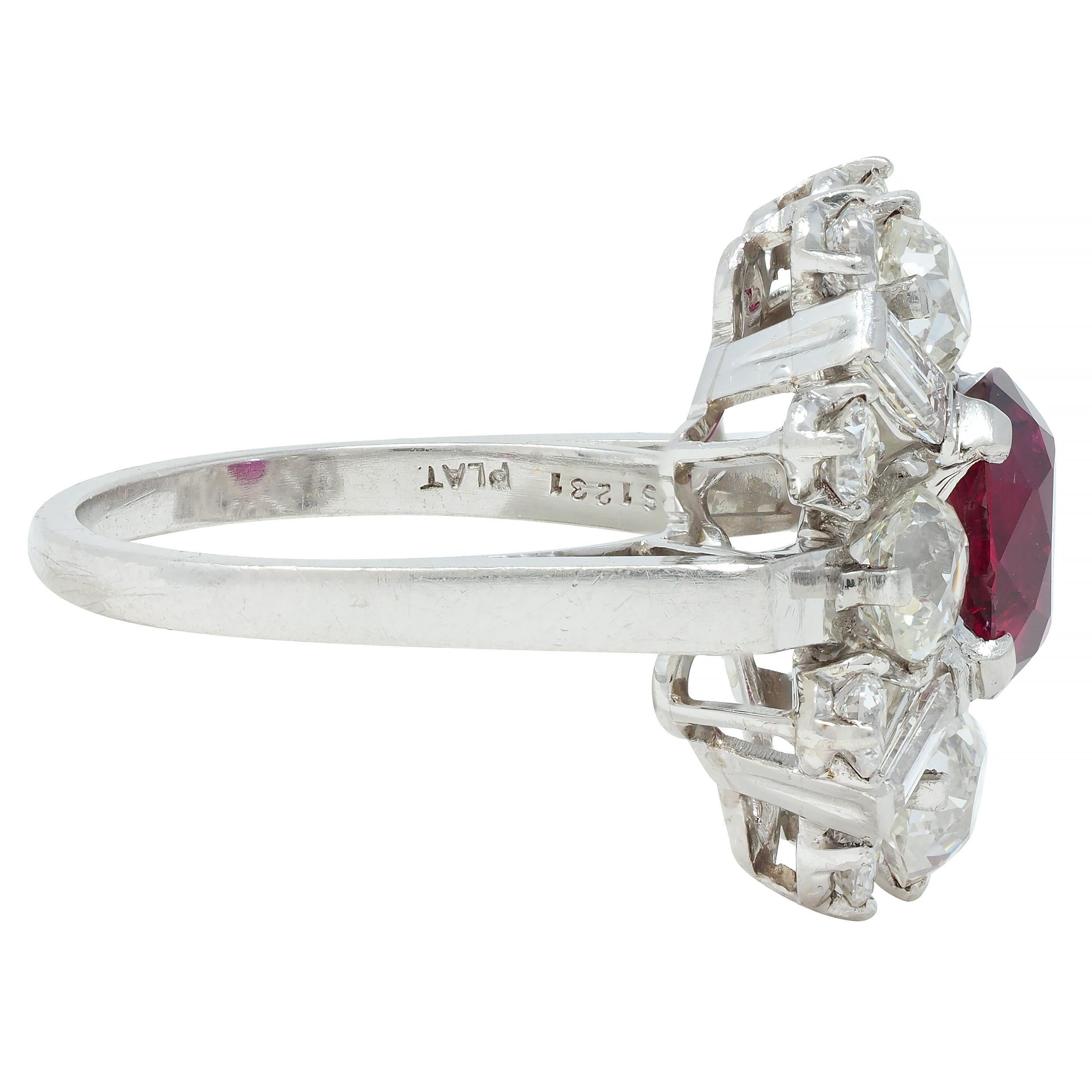 1950's Vintage 4.53 CTW Thai Ruby Diamond Platinum Burst Cluster Ring GIA For Sale 5