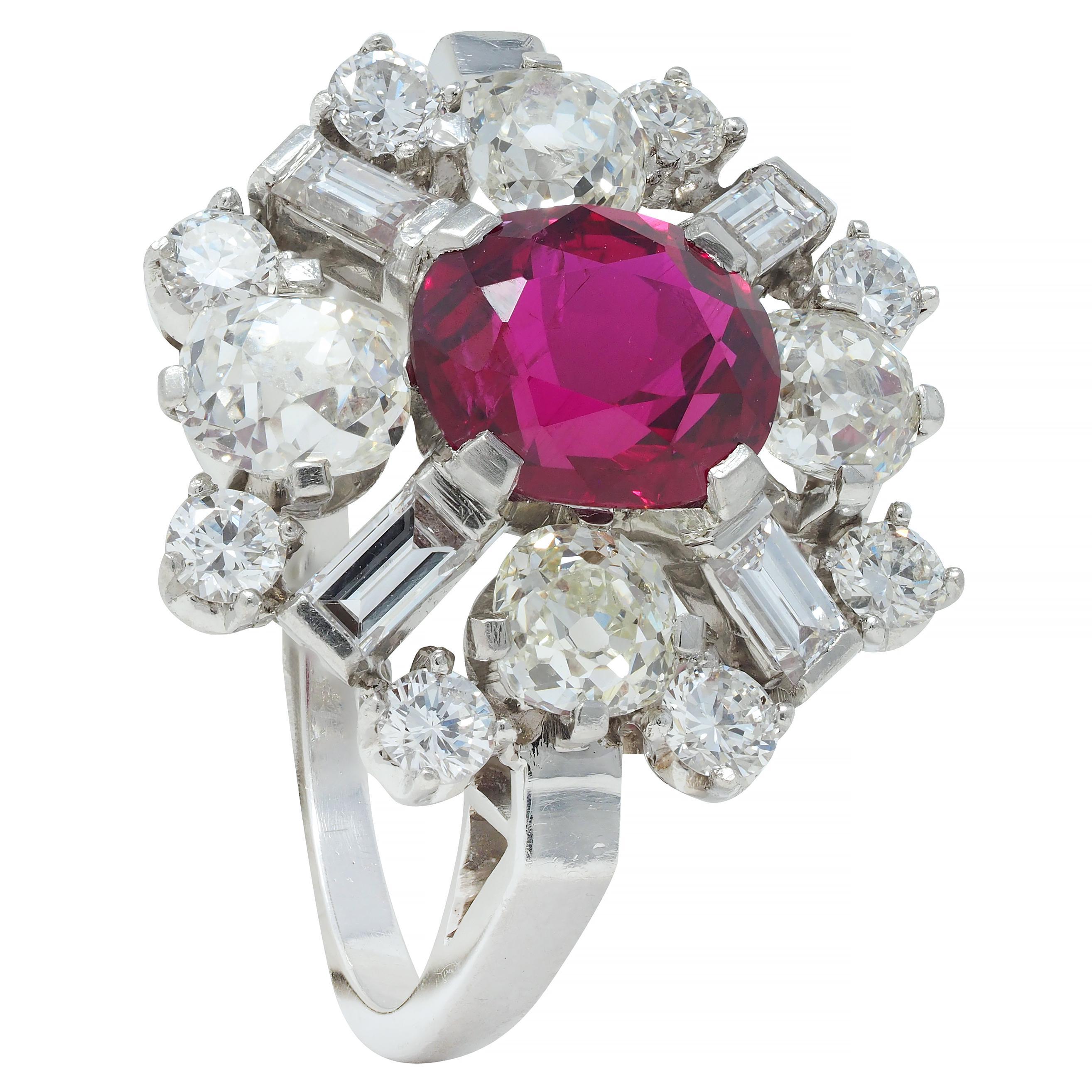 1950's Vintage 4.53 CTW Thai Ruby Diamond Platinum Burst Cluster Ring GIA For Sale 7