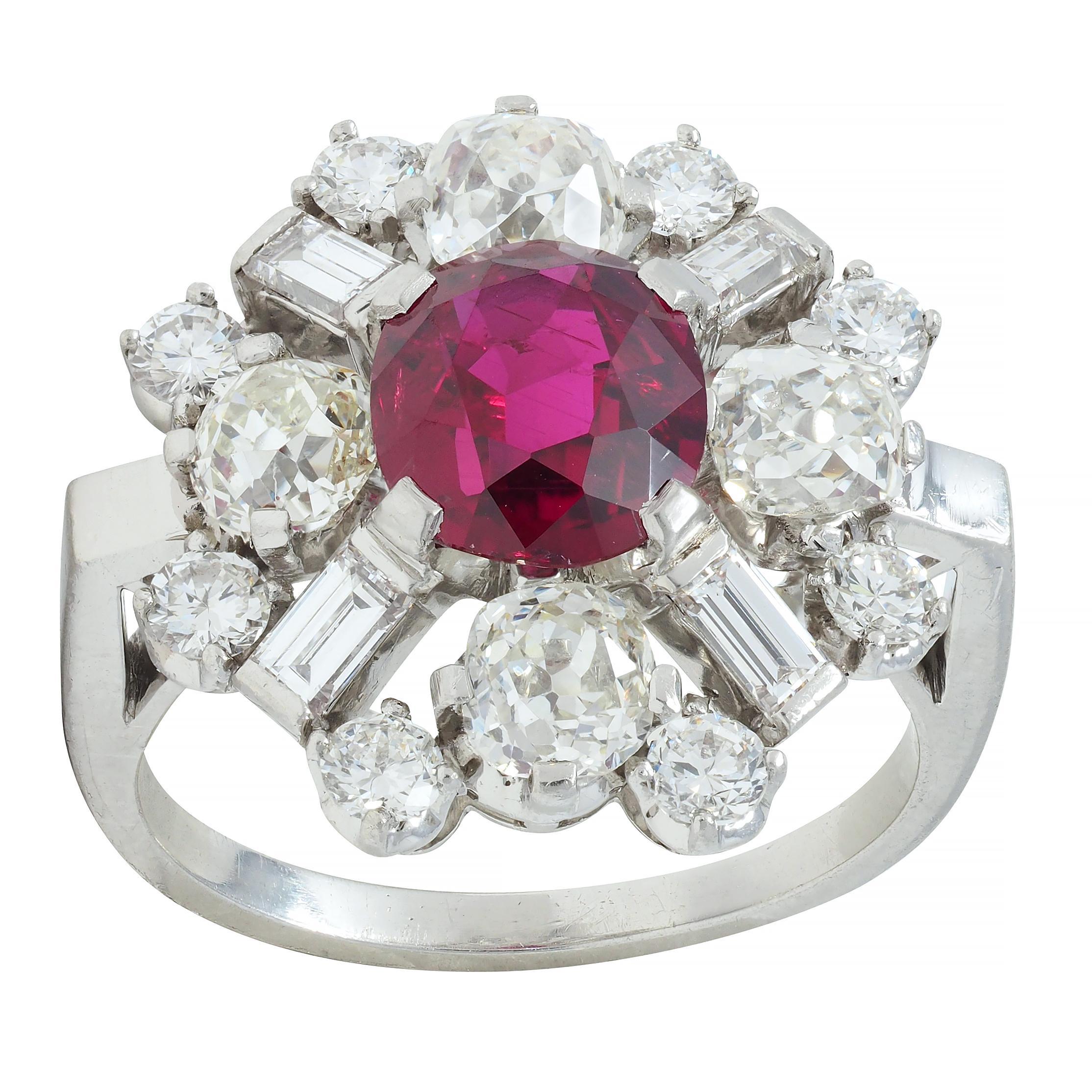 1950's Vintage 4.53 CTW Thai Ruby Diamond Platinum Burst Cluster Ring GIA In Excellent Condition For Sale In Philadelphia, PA