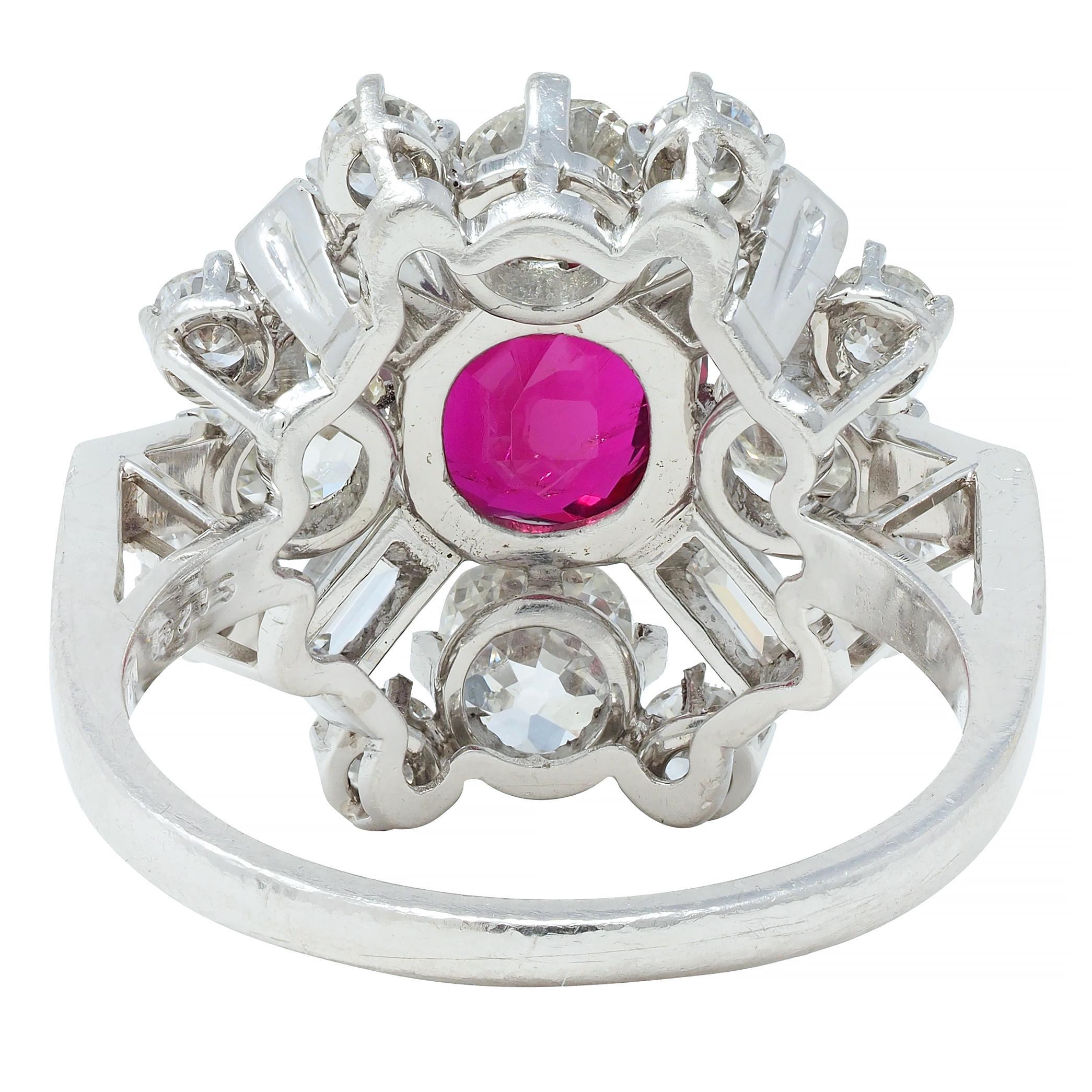 Women's or Men's 1950's Vintage 4.53 CTW Thai Ruby Diamond Platinum Burst Cluster Ring GIA For Sale
