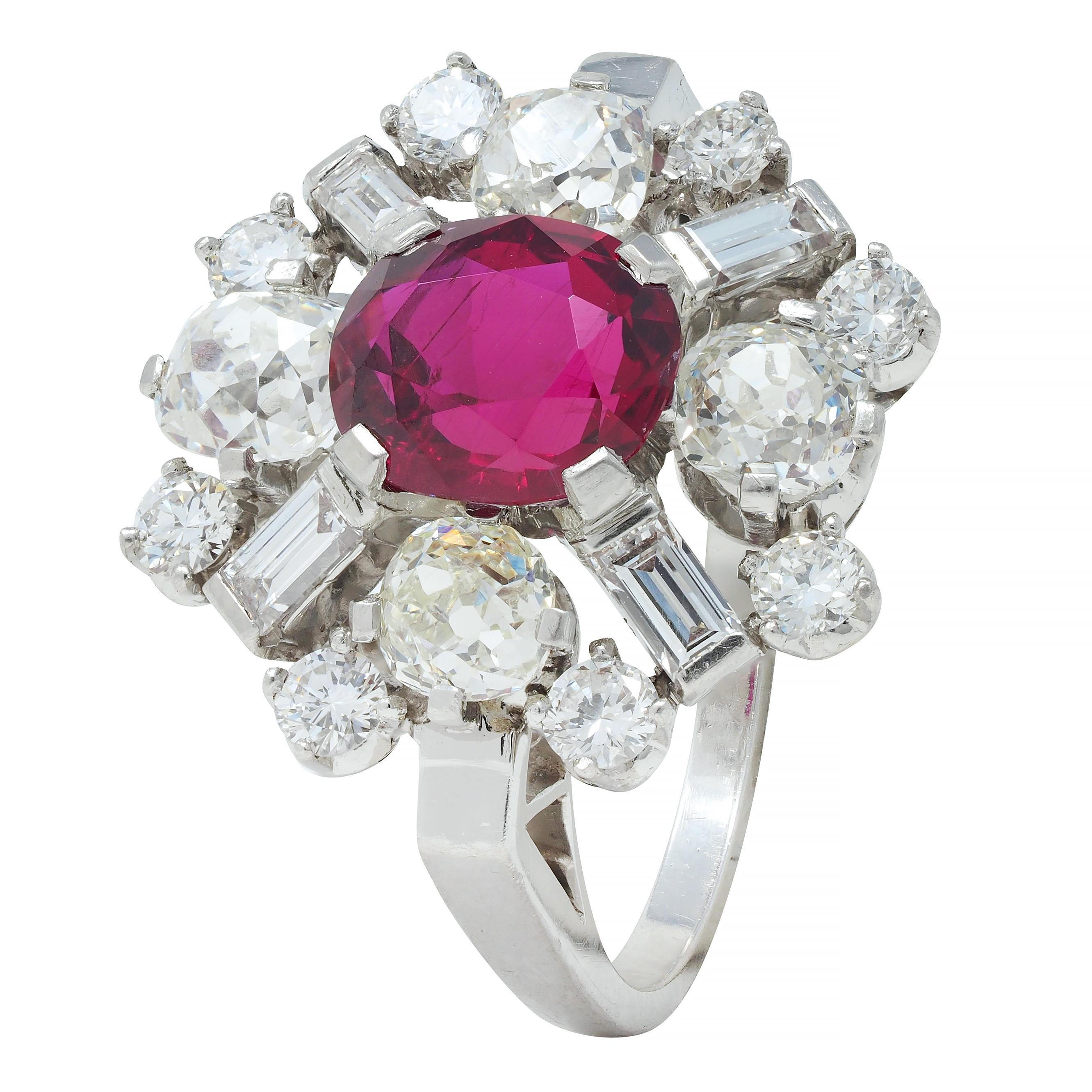 1950's Vintage 4.53 CTW Thai Ruby Diamond Platinum Burst Cluster Ring GIA For Sale 3