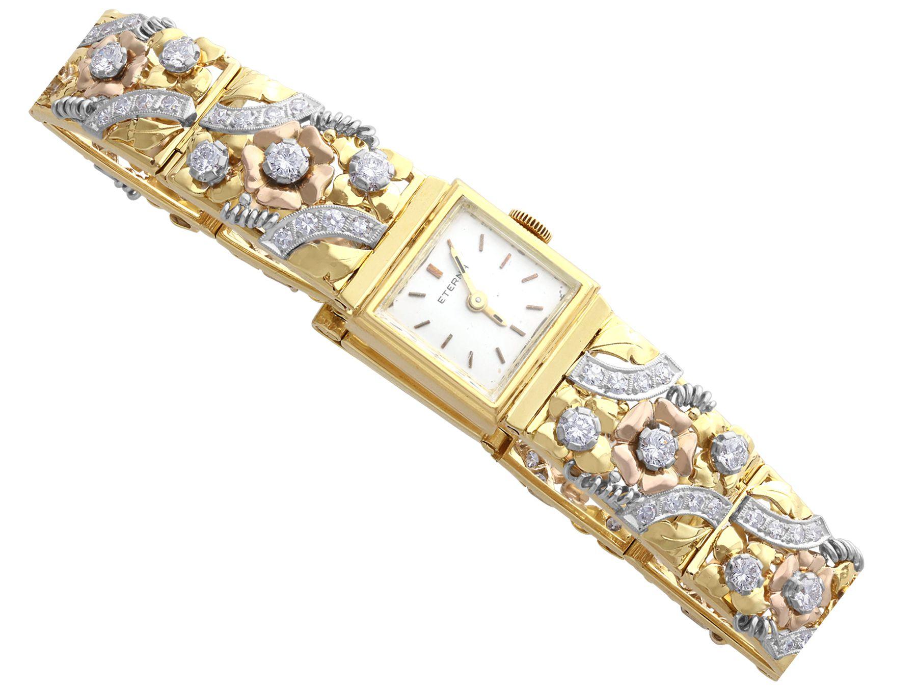 Round Cut 1950s Vintage 5.72 Carat Diamond and Yellow Rose and White Gold Ladies Watch