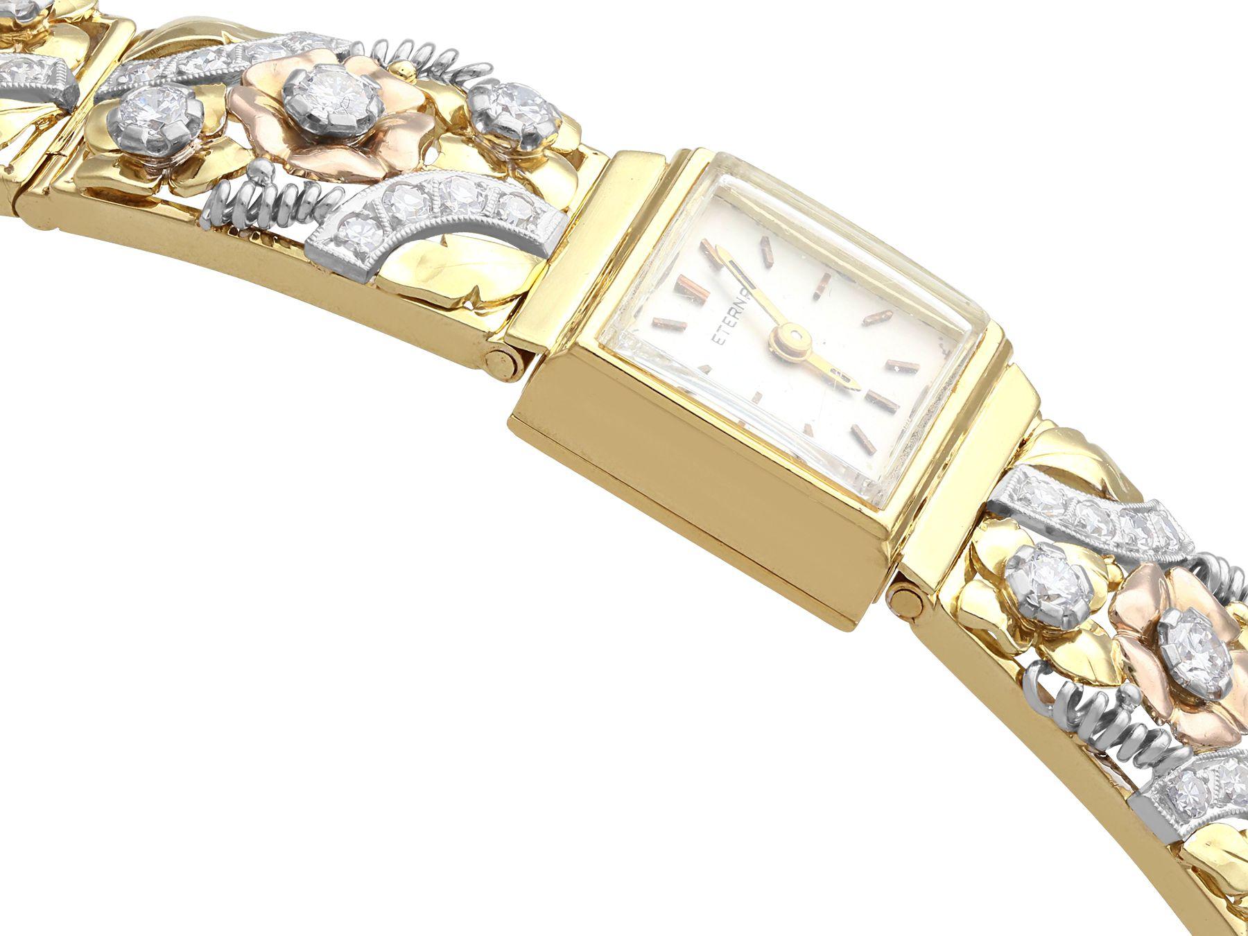 1950s Vintage 5.72 Carat Diamond and Yellow Rose and White Gold Ladies Watch In Excellent Condition In Jesmond, Newcastle Upon Tyne