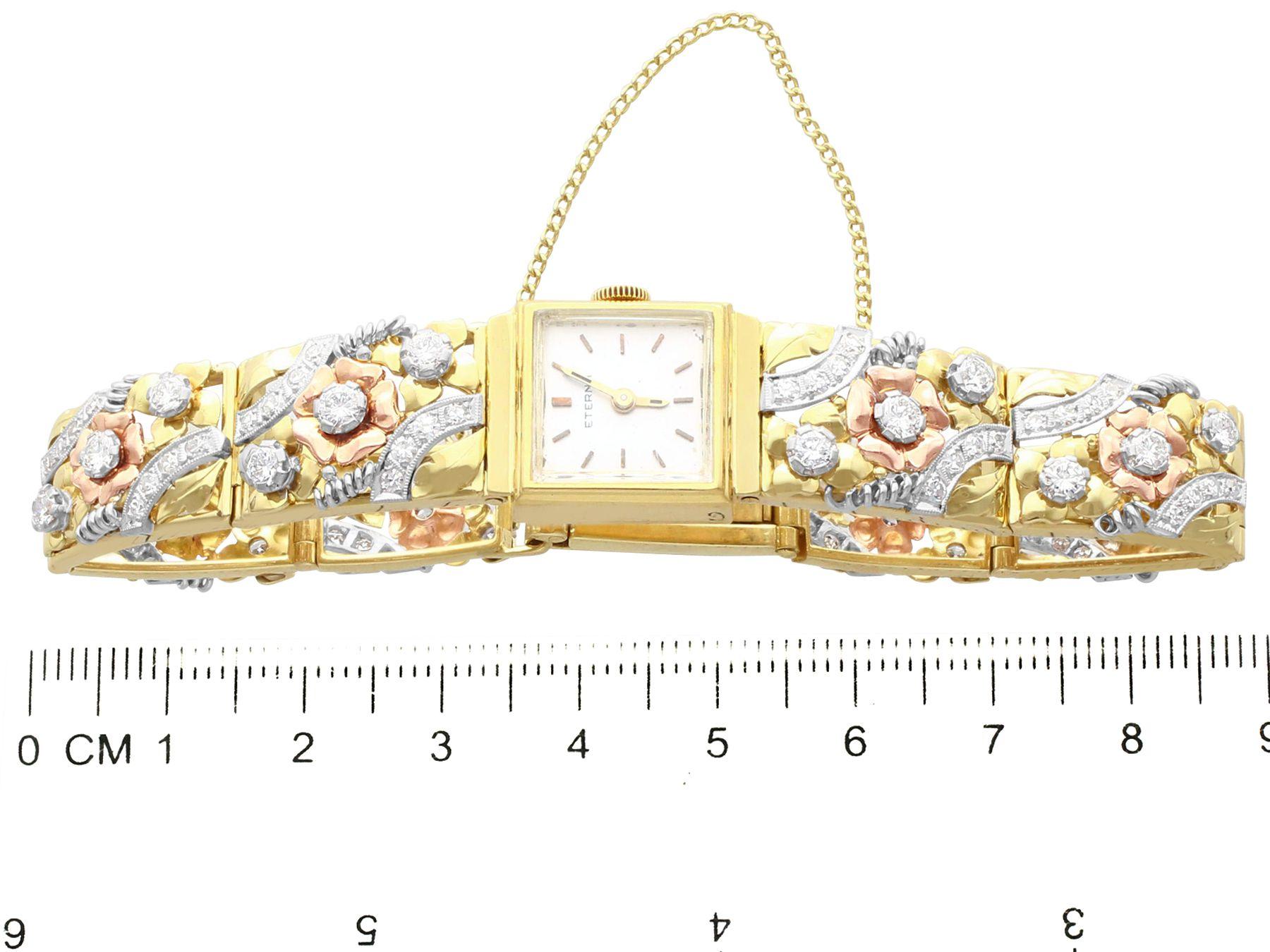 1950s Vintage 5.72 Carat Diamond and Yellow Rose and White Gold Ladies Watch 3