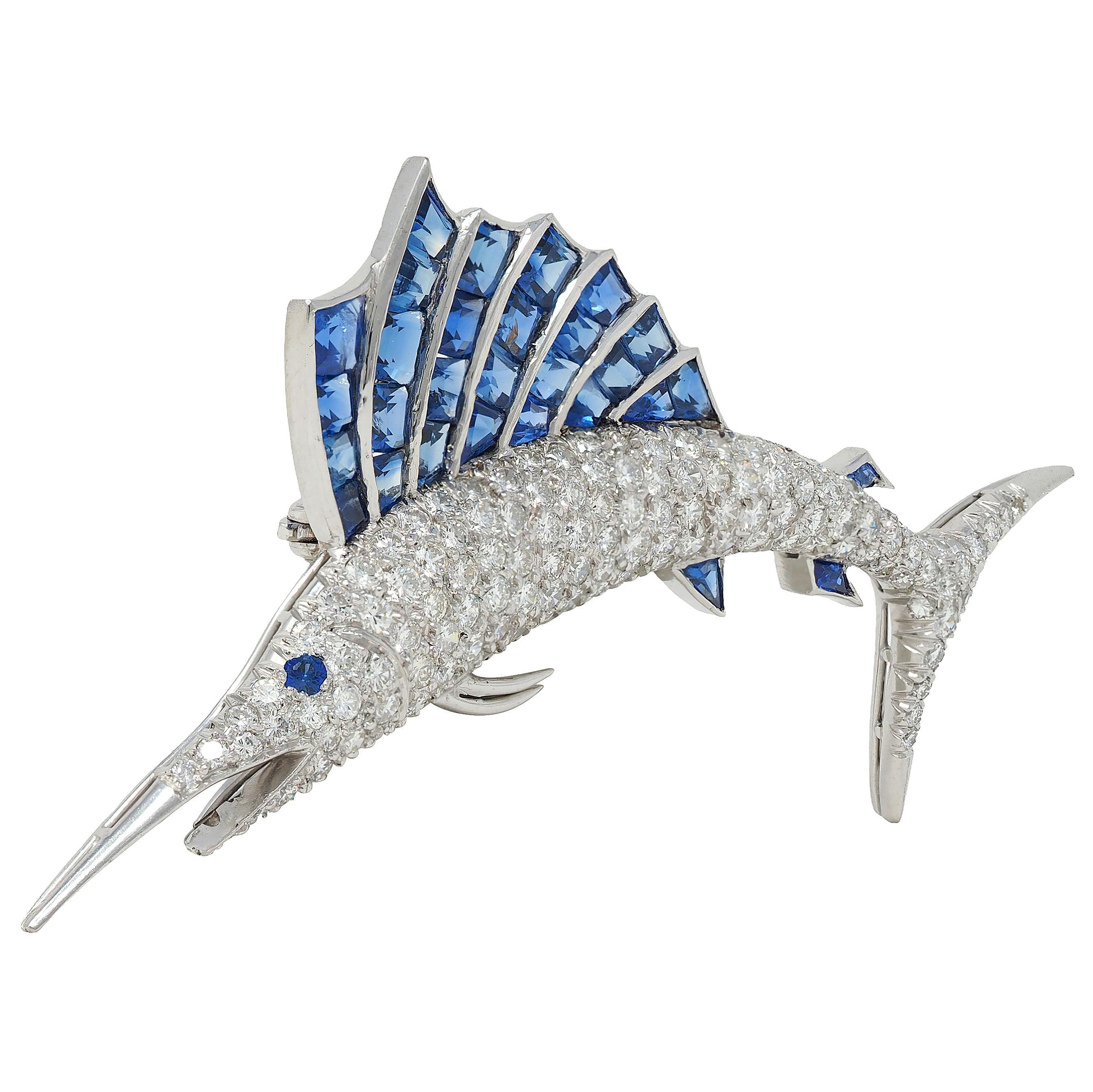 Mixed Cut 1950's Vintage 9.33 CTW Diamond Sapphire Platinum Unisex Sailfish Fish Brooch For Sale