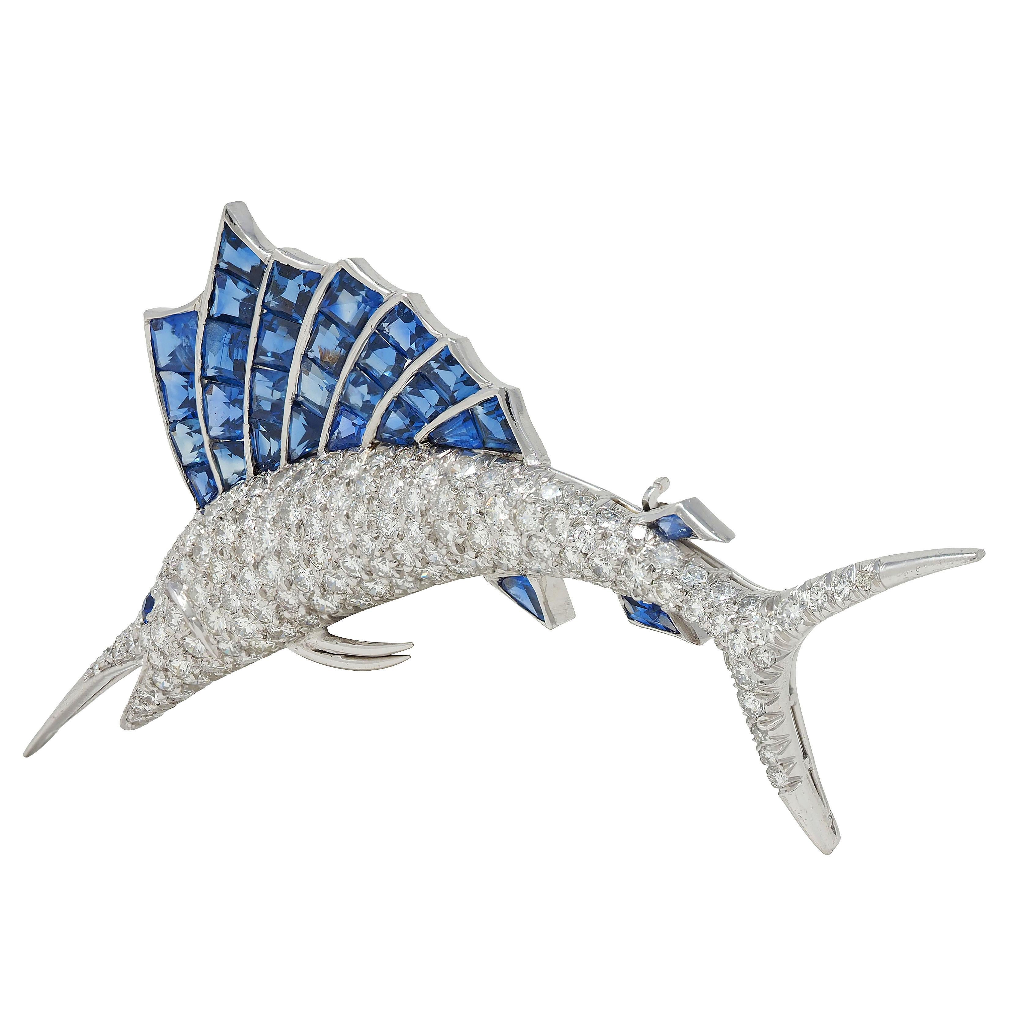 1950's Vintage 9.33 CTW Diamond Sapphire Platinum Unisex Sailfish Fish Brooch For Sale 1