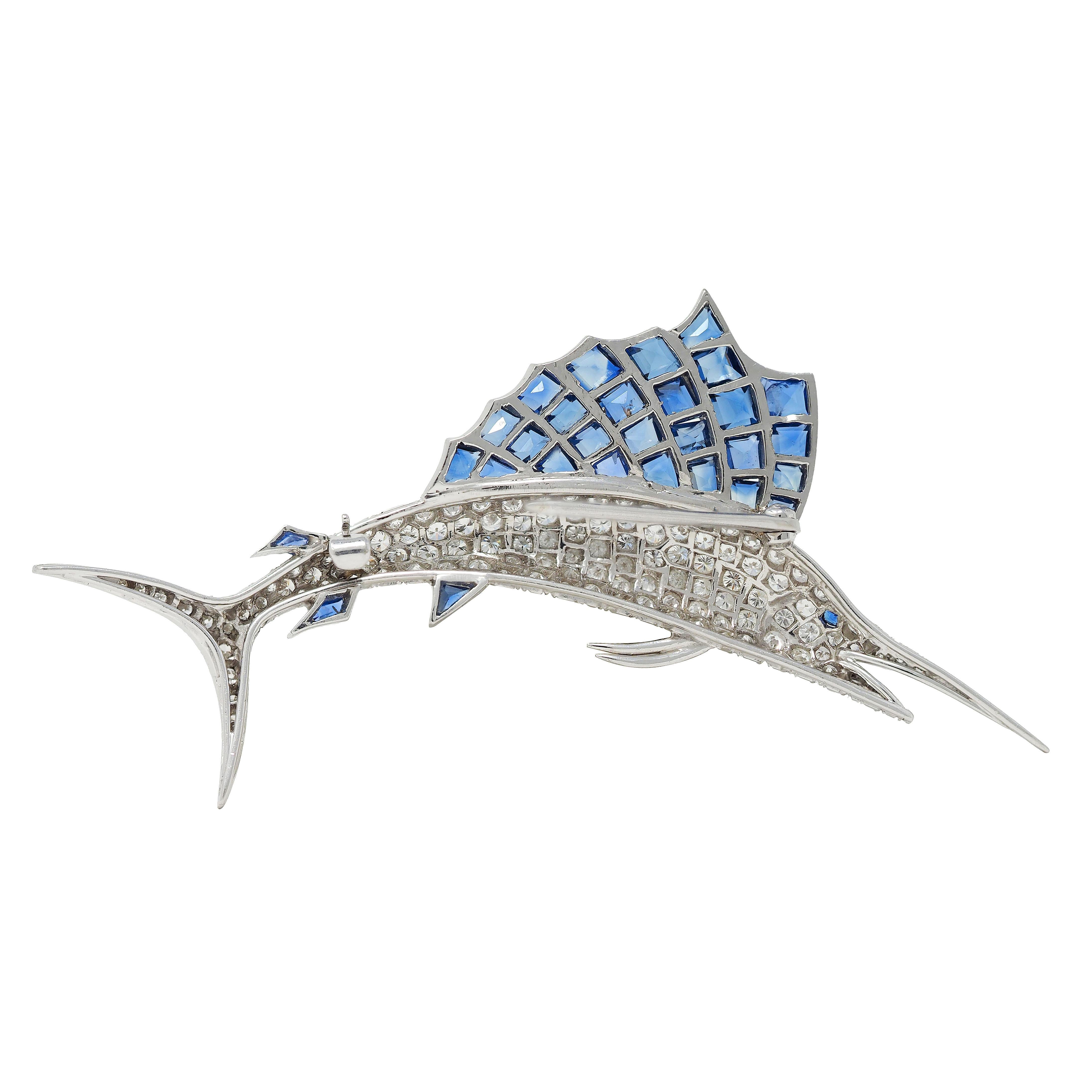 1950's Vintage 9.33 CTW Diamond Sapphire Platinum Unisex Sailfish Fish Brooch For Sale 2