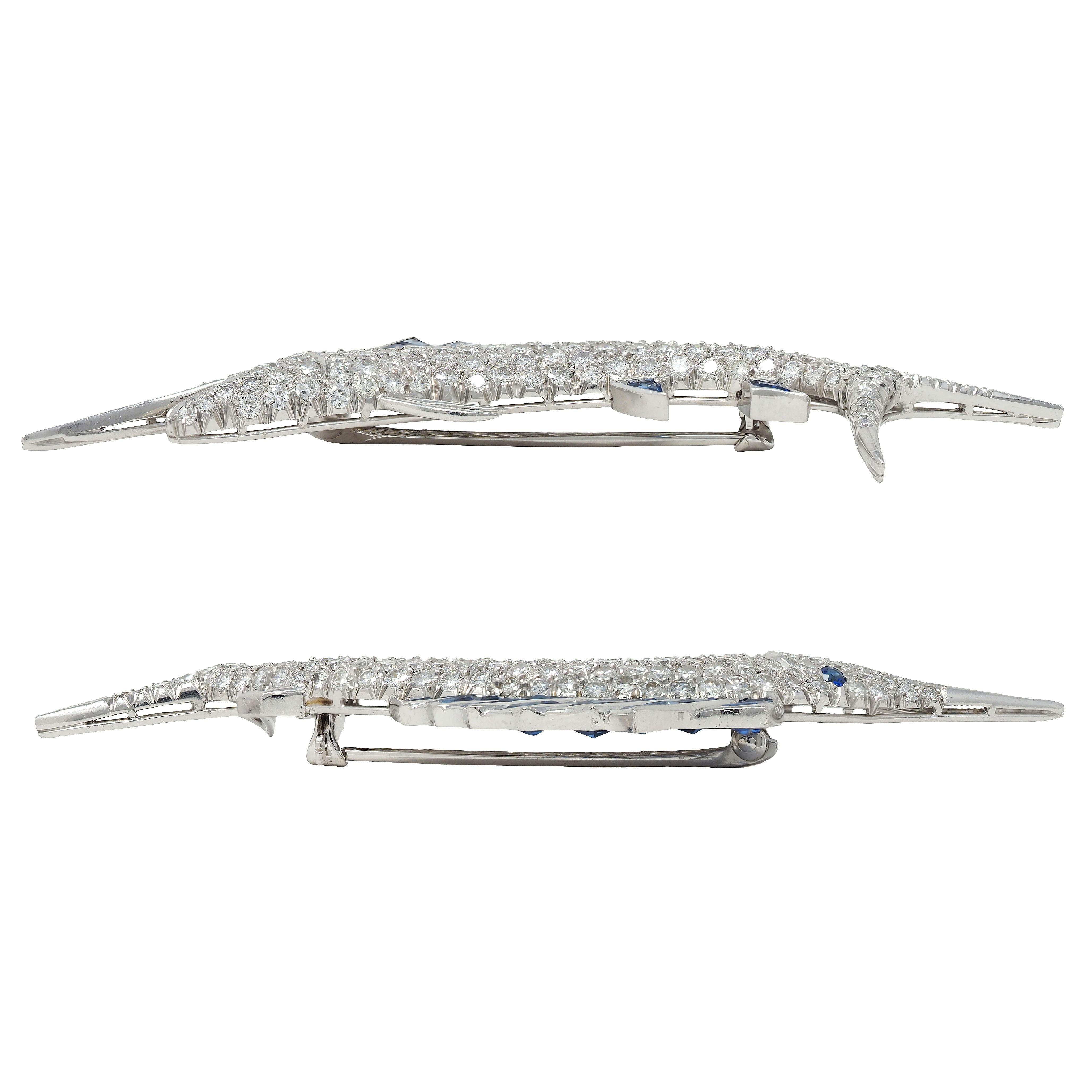 1950's Vintage 9.33 CTW Diamond Sapphire Platinum Unisex Sailfish Fish Brooch For Sale 3
