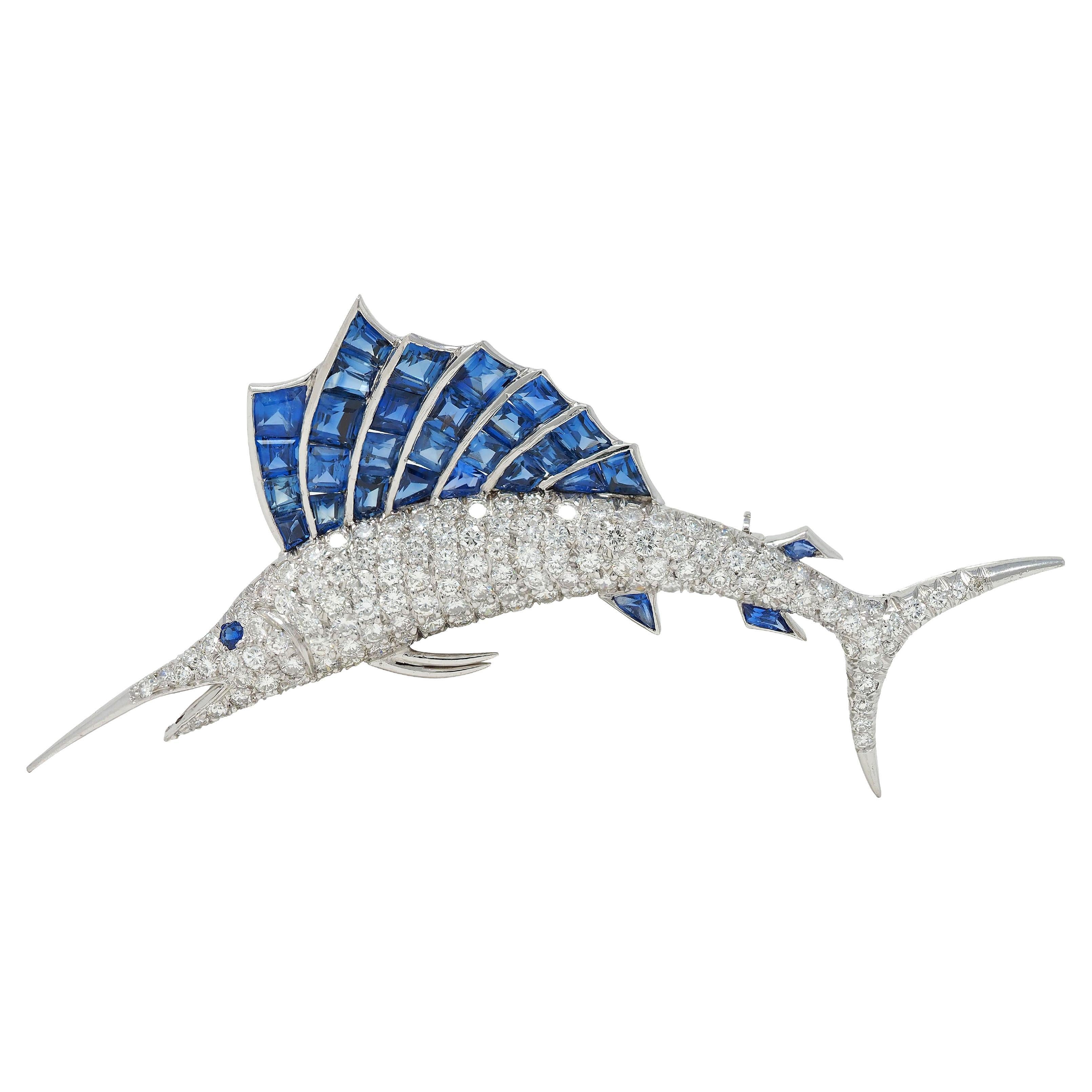 1950's Vintage 9.33 CTW Diamond Sapphire Platinum Unisex Sailfish Fish Brooch For Sale