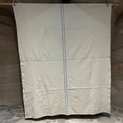 1950s Vintage All Wool Blanket Off White Center Blue Stripe Pendleton Style MCM