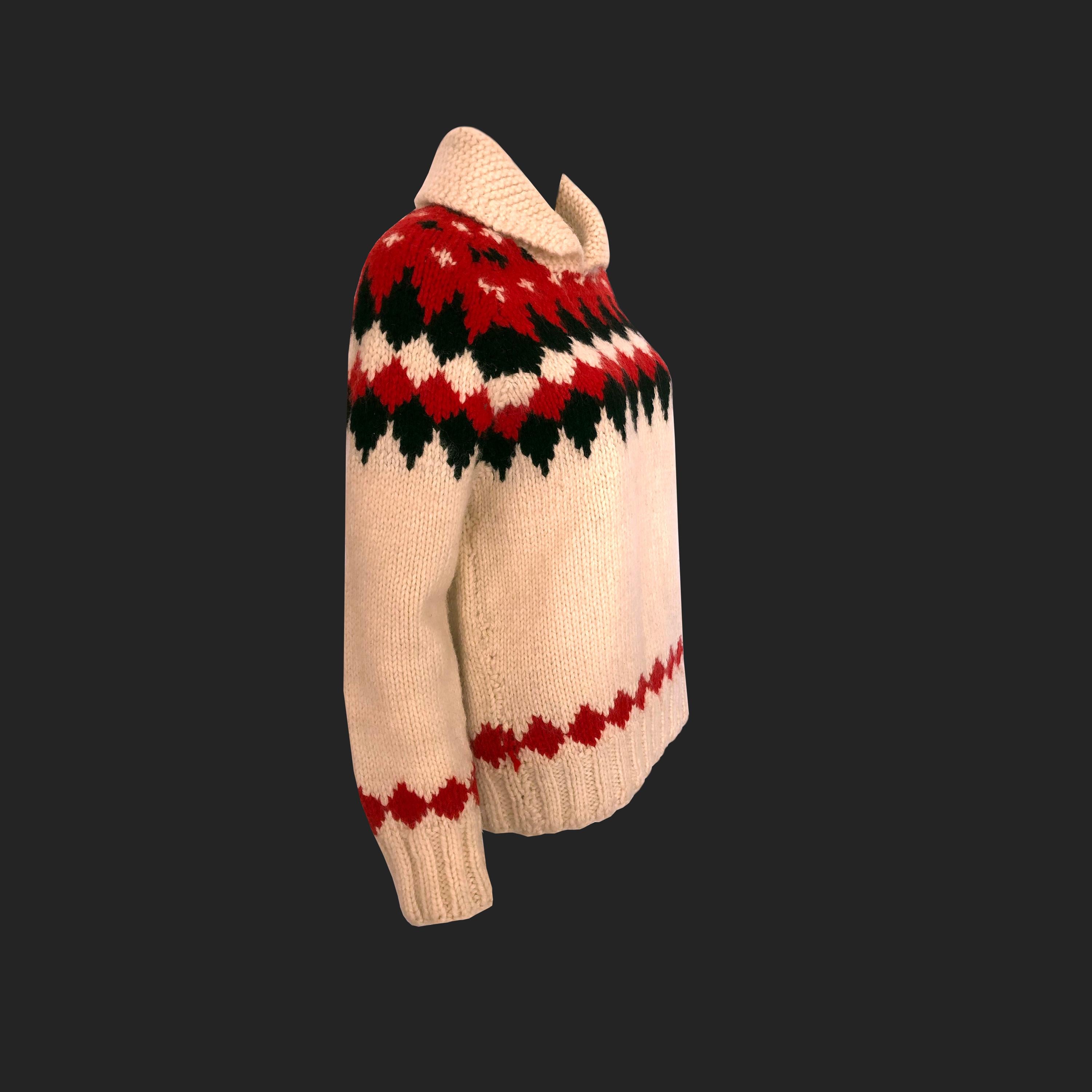 1950s Vintage - Alpine Knit Chunky Jumper - Red + Black Geometric Pattern In Good Condition For Sale In KENT, GB